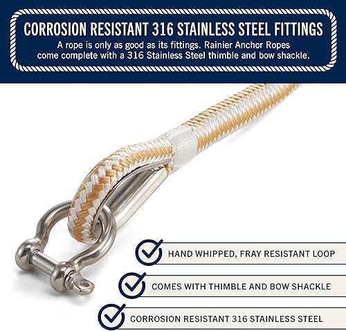 Miniatura 10 de RainierSupplyCo - Cuerda de anclaje para barco, cuerda marina de doble trenzada, línea de anclaje de cuerda marina de 100/150/200/300 pies con dedal