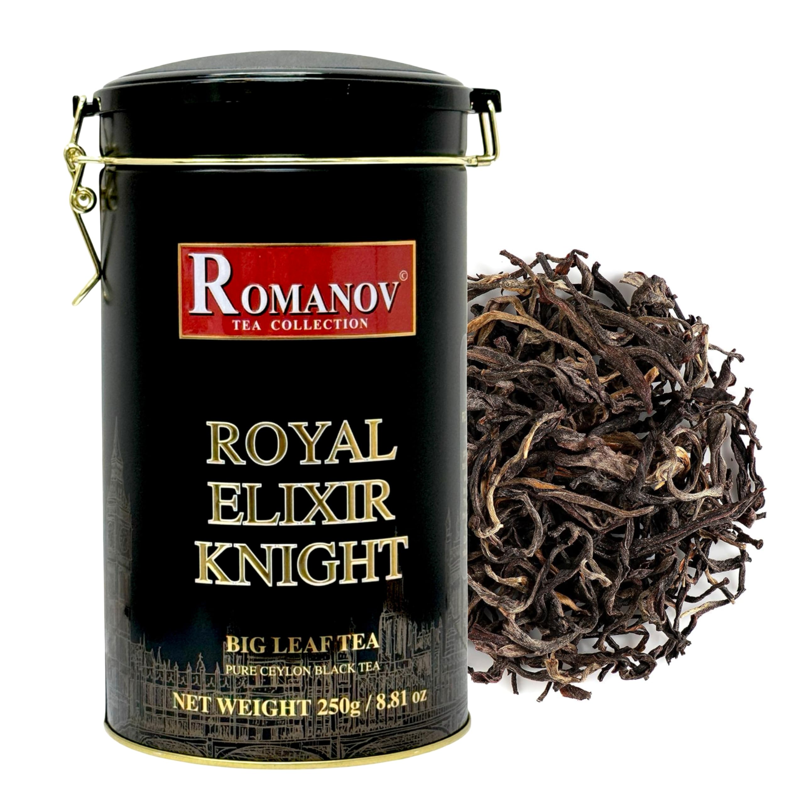 Romanov Tea | Royal Elixir Knight | Big Leaf Tea | Metal Tin | GMO Free | Gluten Free | Dairy Free | Sugar Free | 100% Natural | 250 g