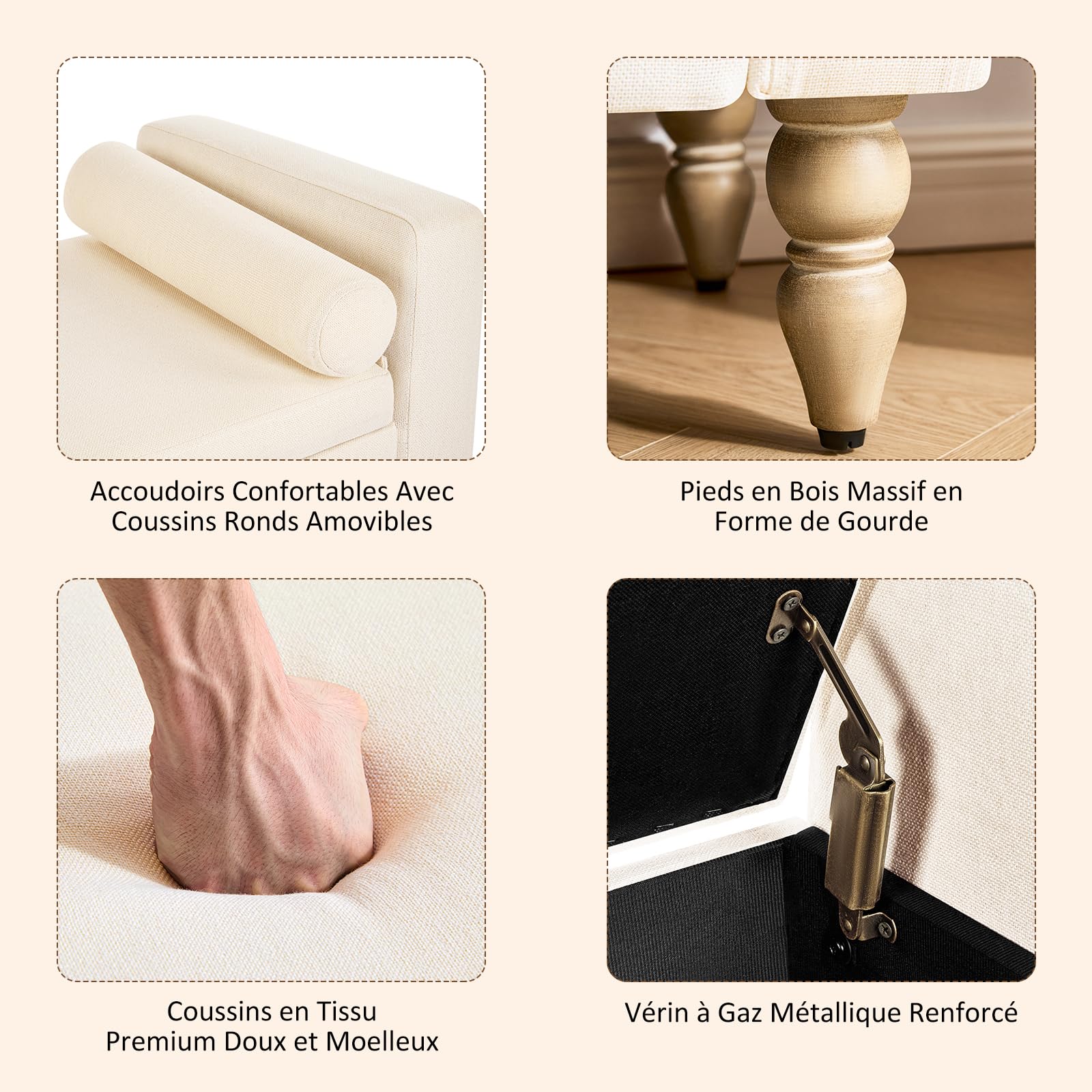 Hellove Panca Contenitore con Cuscini Rimovibili, 116 cm Panca da Ingresso in Lino con Gambe in Legno Massello, Cassapanca Fondo Letto per Camera da Letto, Soggiorno e Ingresso, Beige