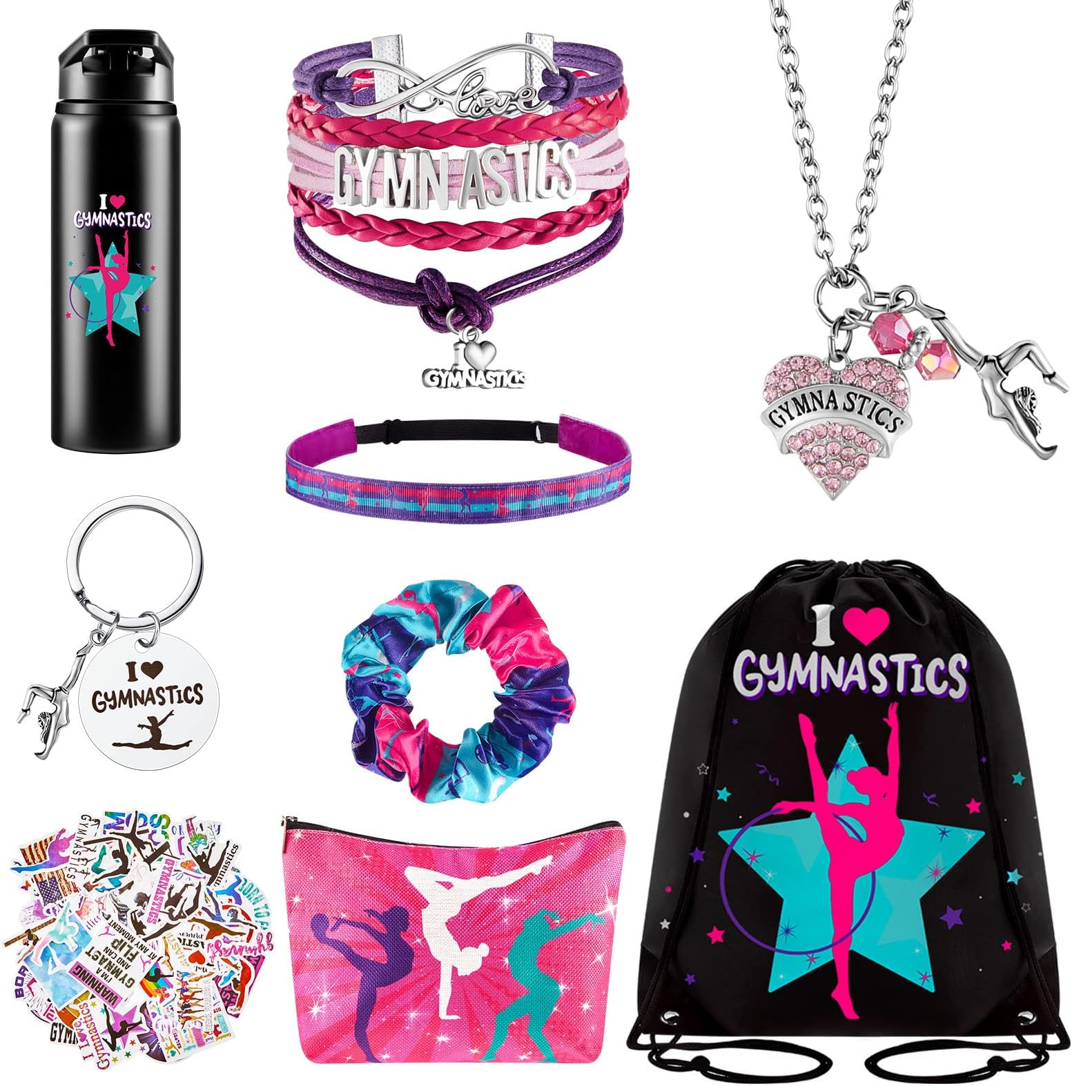 Kigeli Gymnastics Gifts Gymnastics Drawstring Bag Headband Bracelet Necklace Scrunchies Makeup Bag Vacuum Bottle Keychain 50 Pcs Waterproof Stickers Gymnastics Gymnast Party Favors