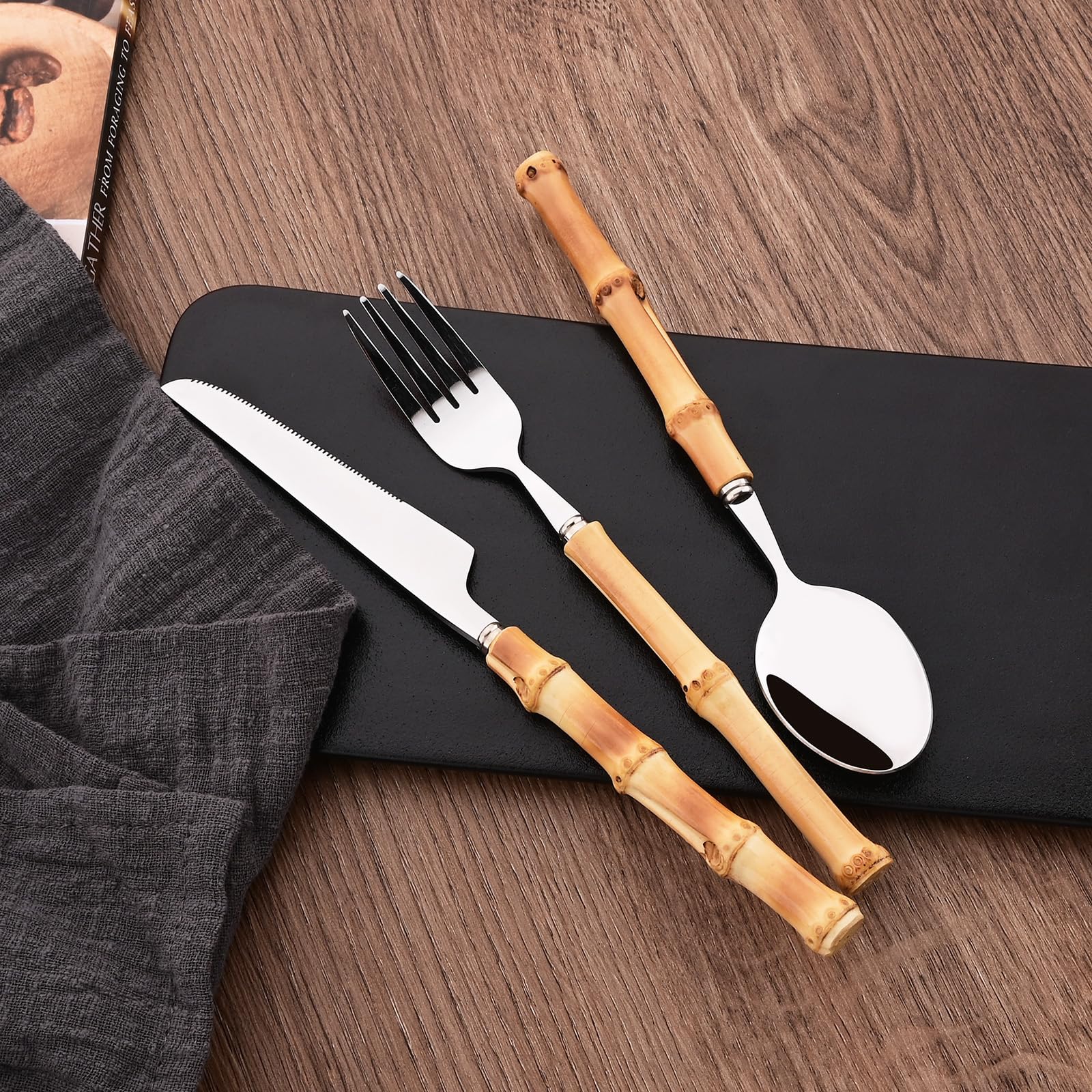 Dinner Fork Set, 8-Piece Natural Bamboo Forks, 18/8 Stainless Steel with Bamboo Handle, Silver Mirror Finish, Unique Design, 8.27 Inch — Amazon image 7