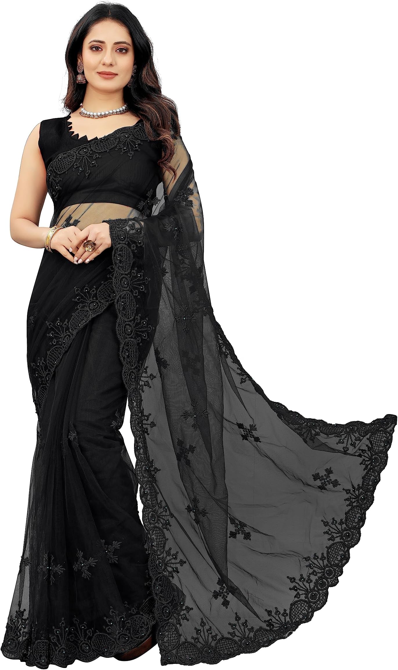 BARKIYA CREATIONWomen's Fashion Net Fabric Saree With Unstitch Blouse Piece