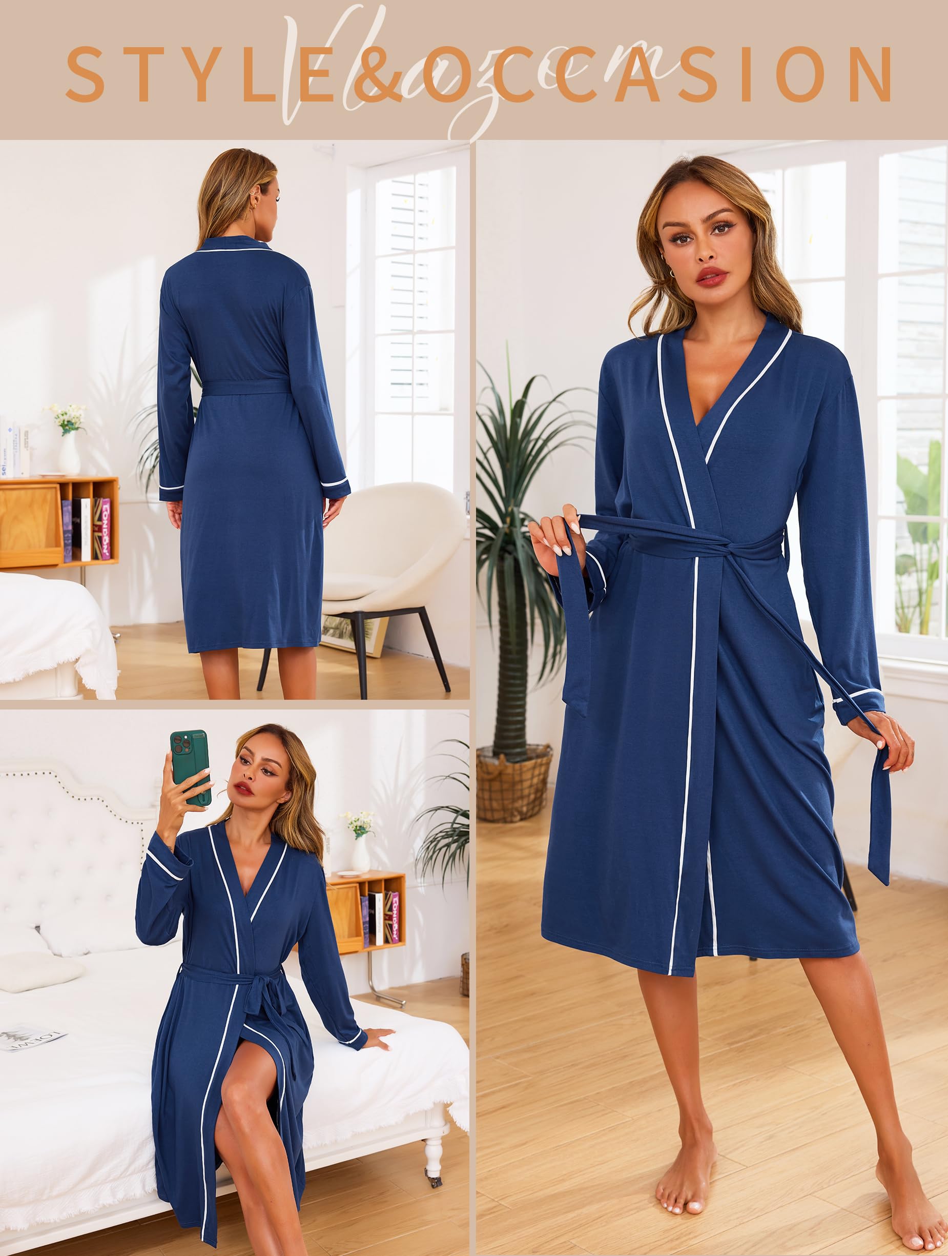 Vlazom Damski szlafrok, super miękkie kimono, szlafrok na całej długości, bielizna nocna z długim rękawem, bielizna nocna na wszystkie pory roku, S-3XL
