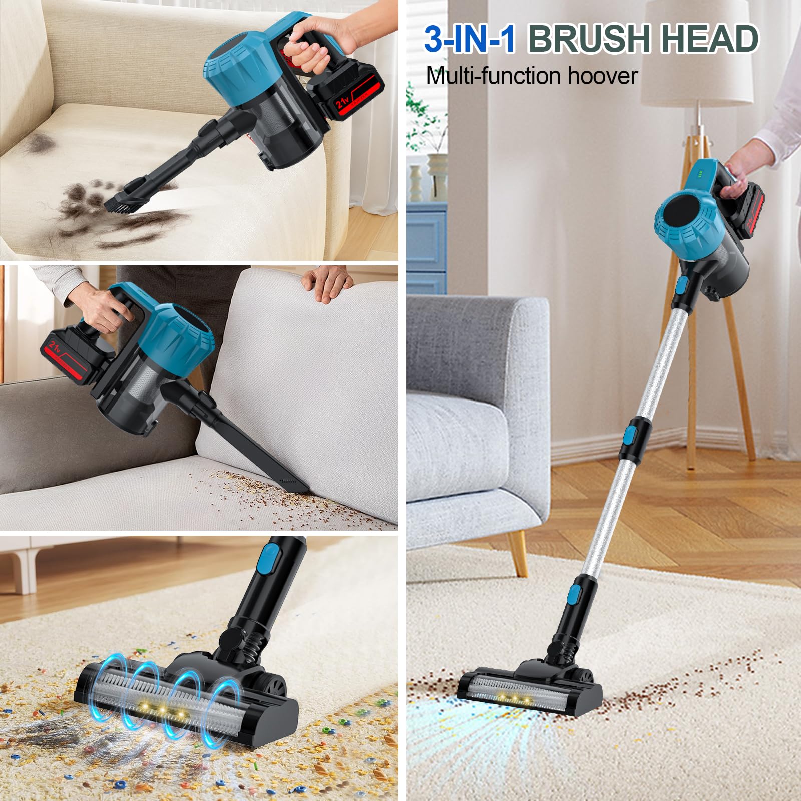Aspirateur Balai Sans Fil avec 2 Batterie,0.8L 16KPa Aspirateur Balai