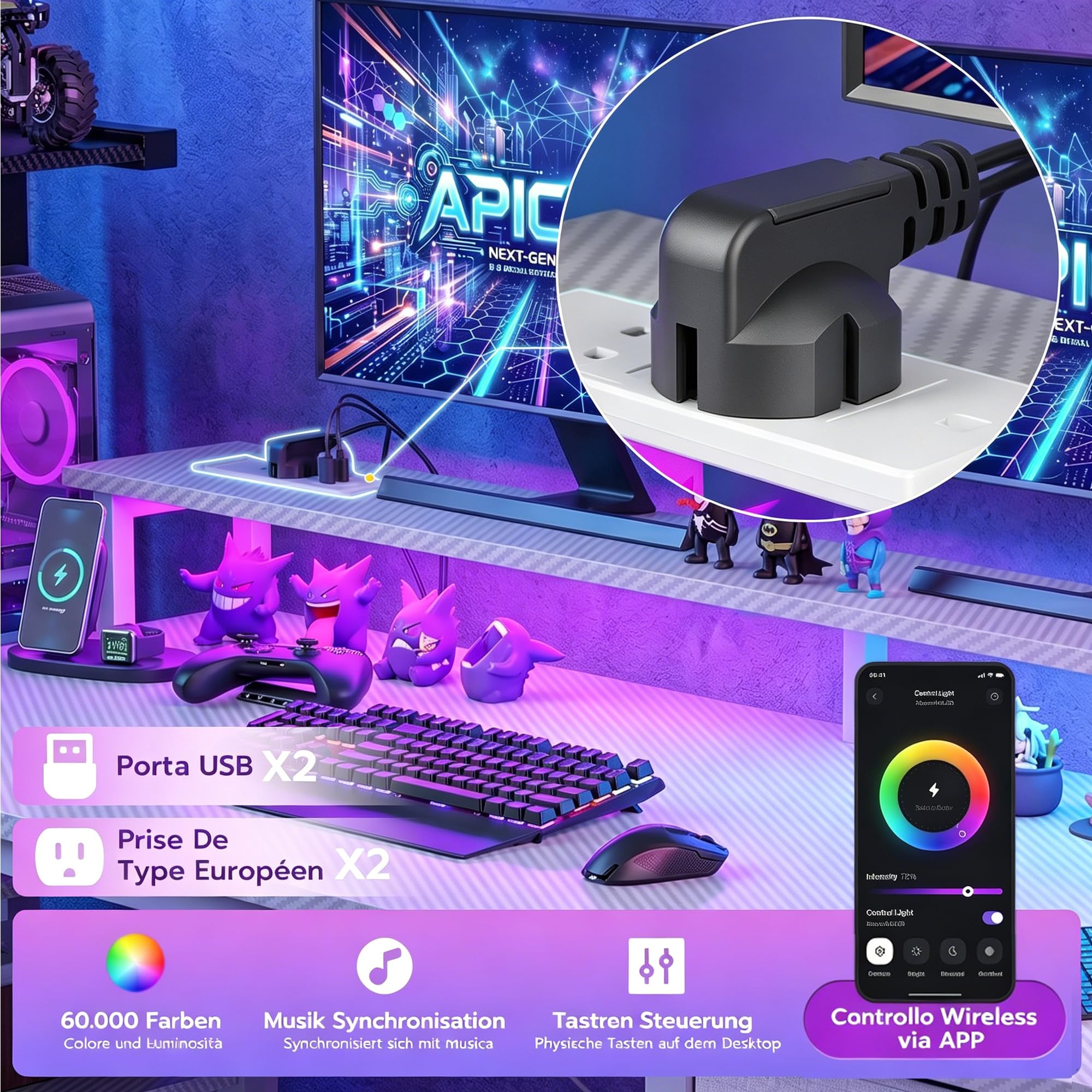 APICIZON Scrivania Gaming 150 cm con Libreria - Scrivania per PC Reversibile con Luci LED RGB, 2 Porte USB, Supporto per Cuffie e Portabicchieri, Effetto Carbonio Bianco