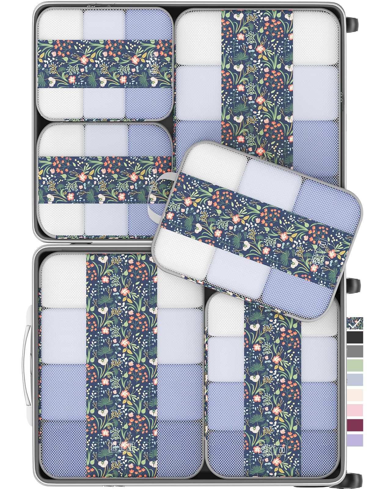 6 set compression packing cubes for travel essentials,compressible expandable packing cubes for suitcase,olarhike luggage organizer bags for travel(dark blue floral)