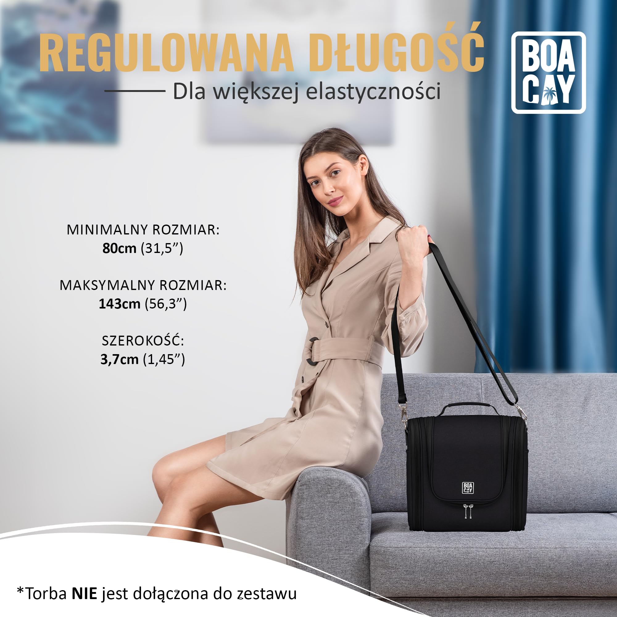 BOACAY Wymiana Szerokiego Paska na Ramię z Klipsami do Torby na Aparat, Torebki, Wymiennego Paska na Ramię, Uniwersalnego i Regulowanego, 80-143cm