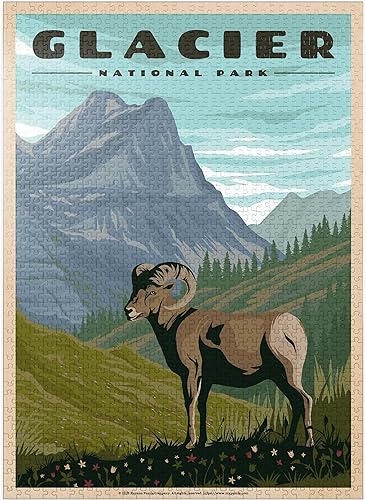Glacier National Park - Where The Bighorn Sheep Roam, póster de viaje vintage, rompecabezas de 1000 piezas prémium para adultos