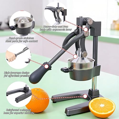 Miniatura 4 de Exprimidor de hierro fundido, prensa exprimidora manual de limón de alta resistencia con palanca de ahorro de trabajo, prensa comercial de jugo de