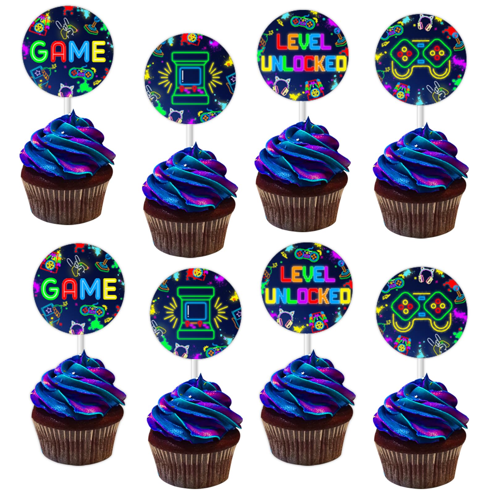 Video Game Birthday Cupcake Toppers 24 pcs Neon Video Game Party Cake Decorations Cake Toppers Neon Glow Rainbow Birthday Cupcake Toppers Level Up