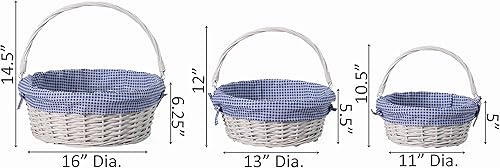 Miniatura 4 de Cesta de regalo tradicional de sauce redondo blanco con forro de guinga azul y blanco y asas plegables resistentes, cesta de almacenamiento de