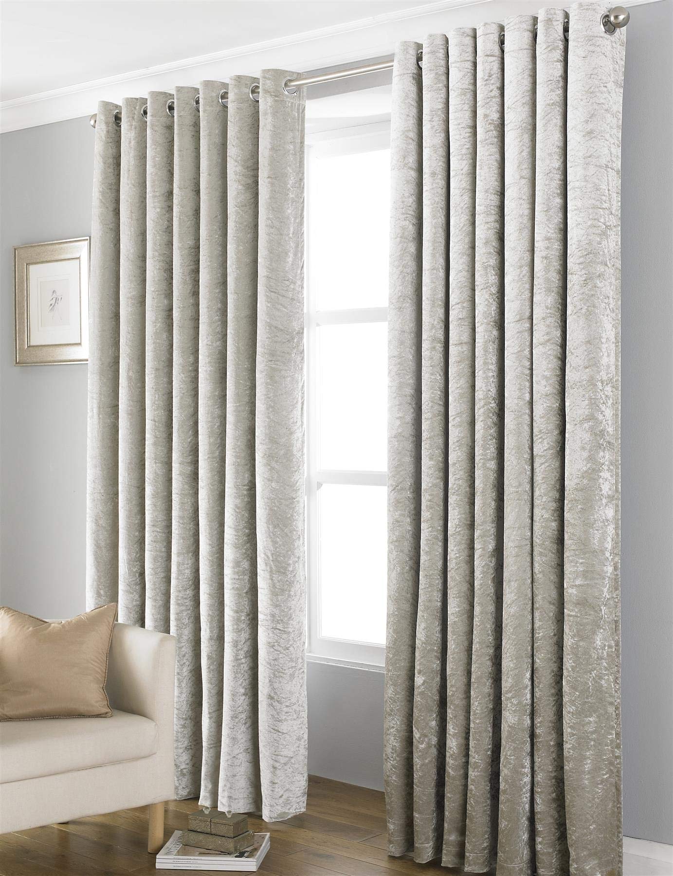 Olivia Rocco Blackout Crushed Velvet Curtains Eyelet Fully Lined Thermal Curtain Pair, 66" (Width) x 72" (Drop) Natural