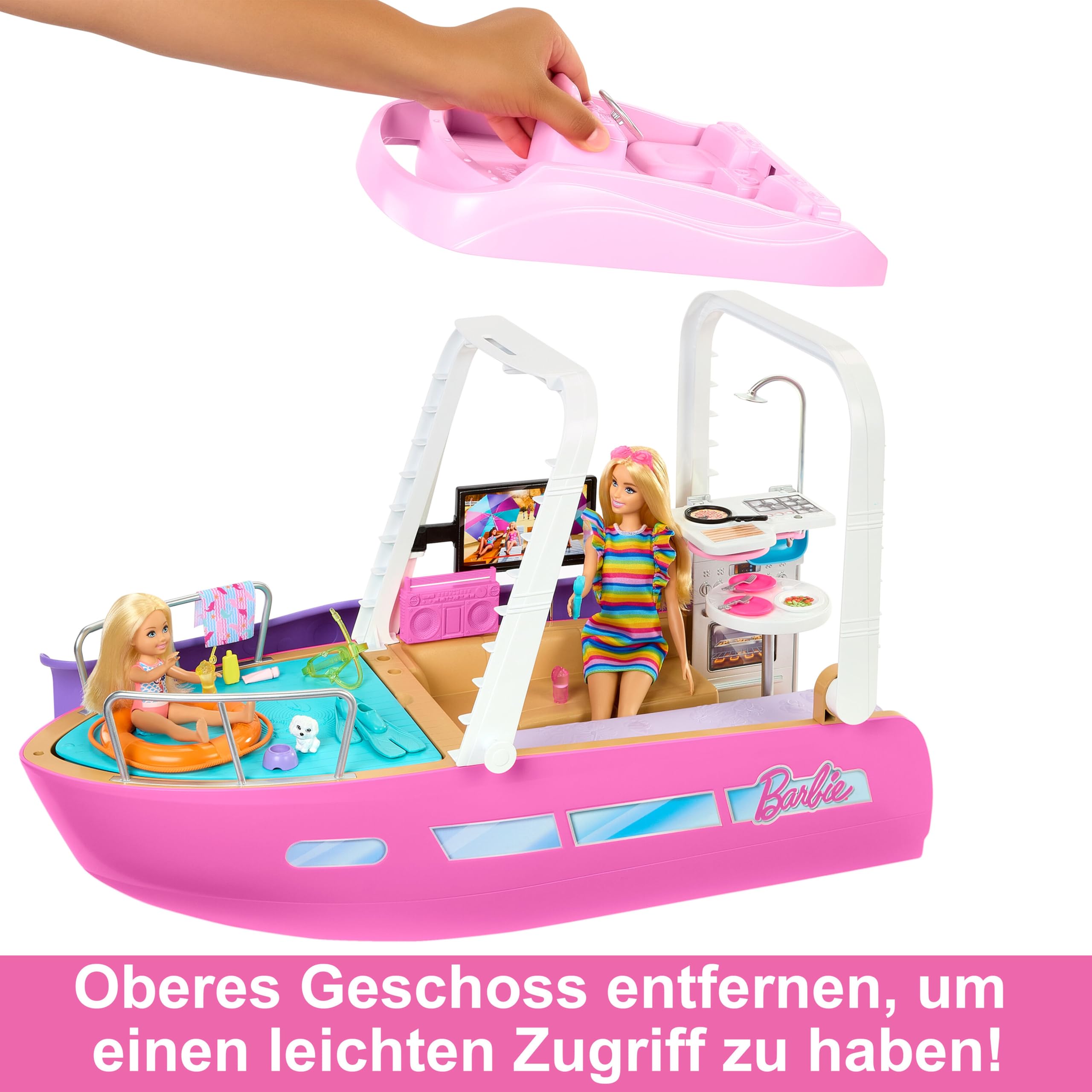 Barbie Traumboot Spielset, Rutsche und Schwimmzeug, 20+ Zubehörteile, ohne Puppe, als Geschenk für Kinder ab 3 Jahren geeignet, HJV37