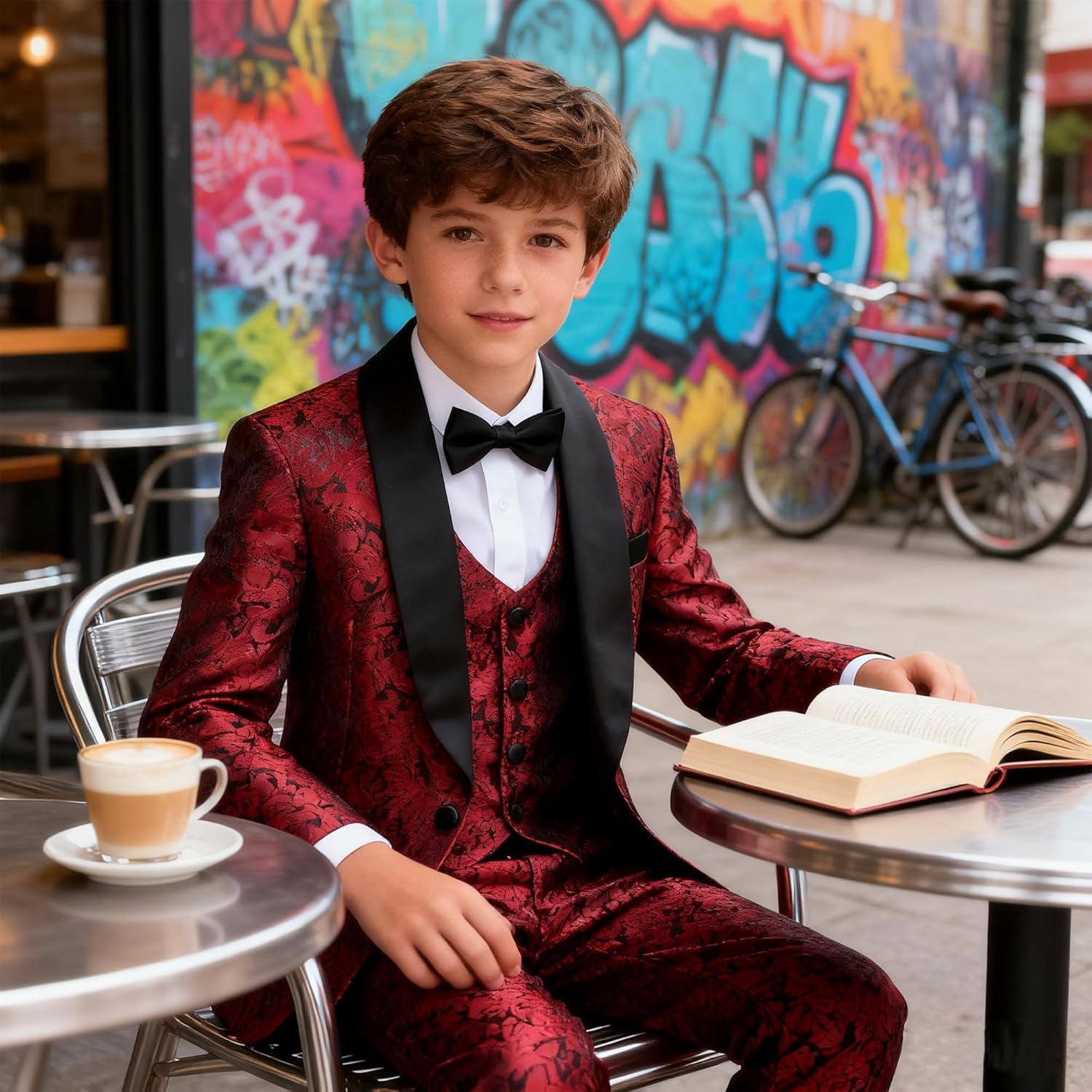 Lamgool Boys Suit 3 Pieces Slim Fit Tuxedo Formal Set with Floral Jacquard Jacket Pant Vest for Wedding Prom Party Size 4-16Y - Image 2
