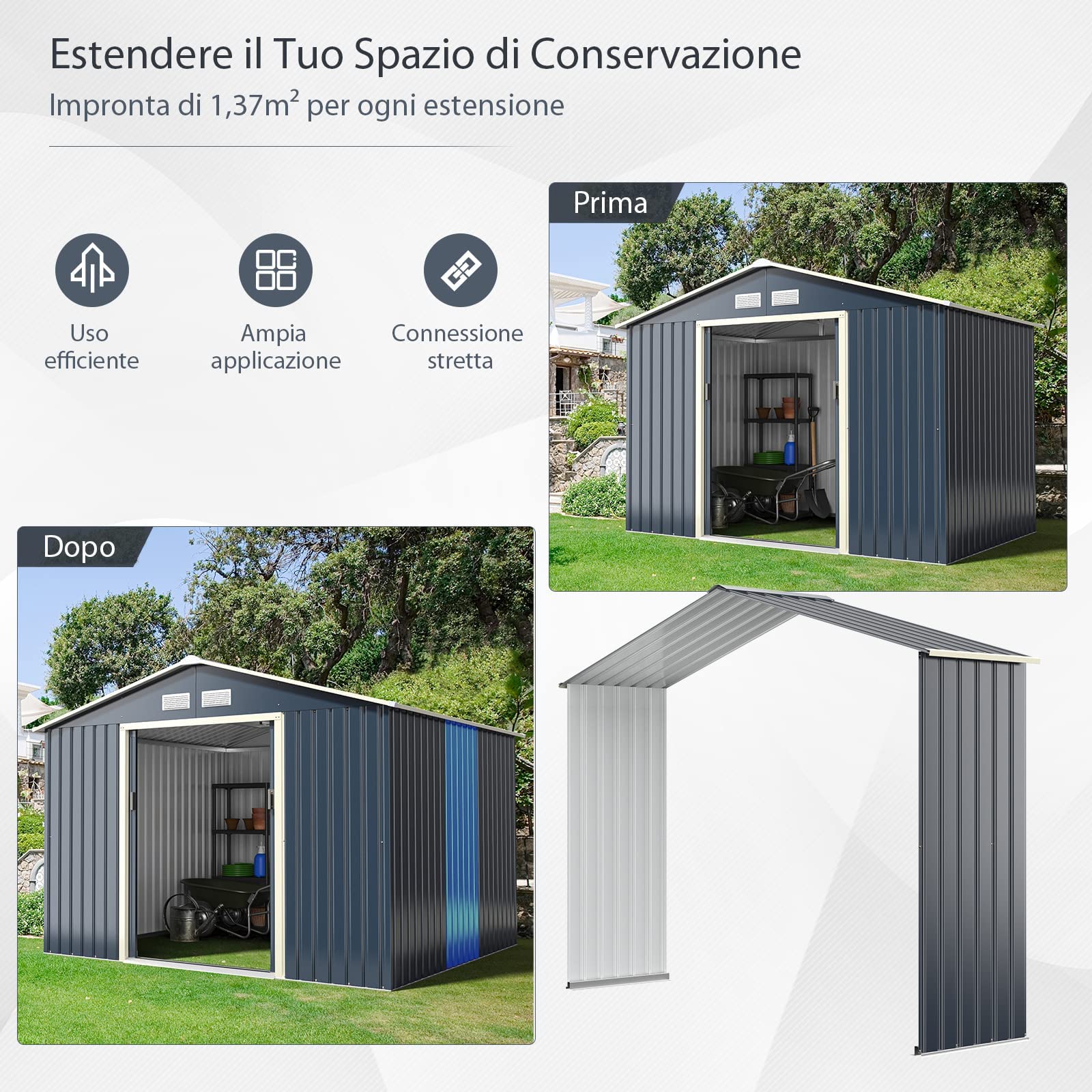 RELAX4LIFE Casetta da Giardino per Attrezzi, in Lamiera d'Acciaio e e Lamiera Zincata con Doppie Porte Scorrevoli, Tetto Inclinato, per Porta Attrezzi, Tosaerba (b1)
