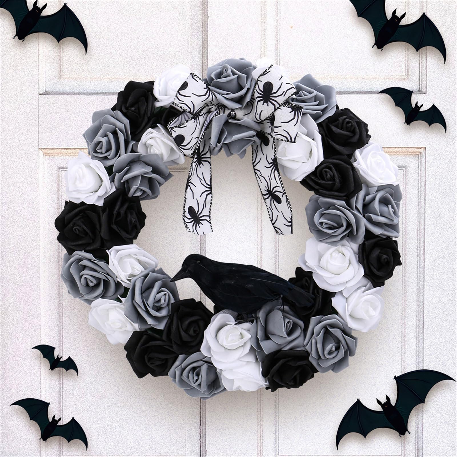 Halloween Wreath For Front Door Flower Garlands With White And Black Rose Crow Doorway Window Party Decoration Black And White Rose Crow Front Door Halloween Party Porch Decoration
