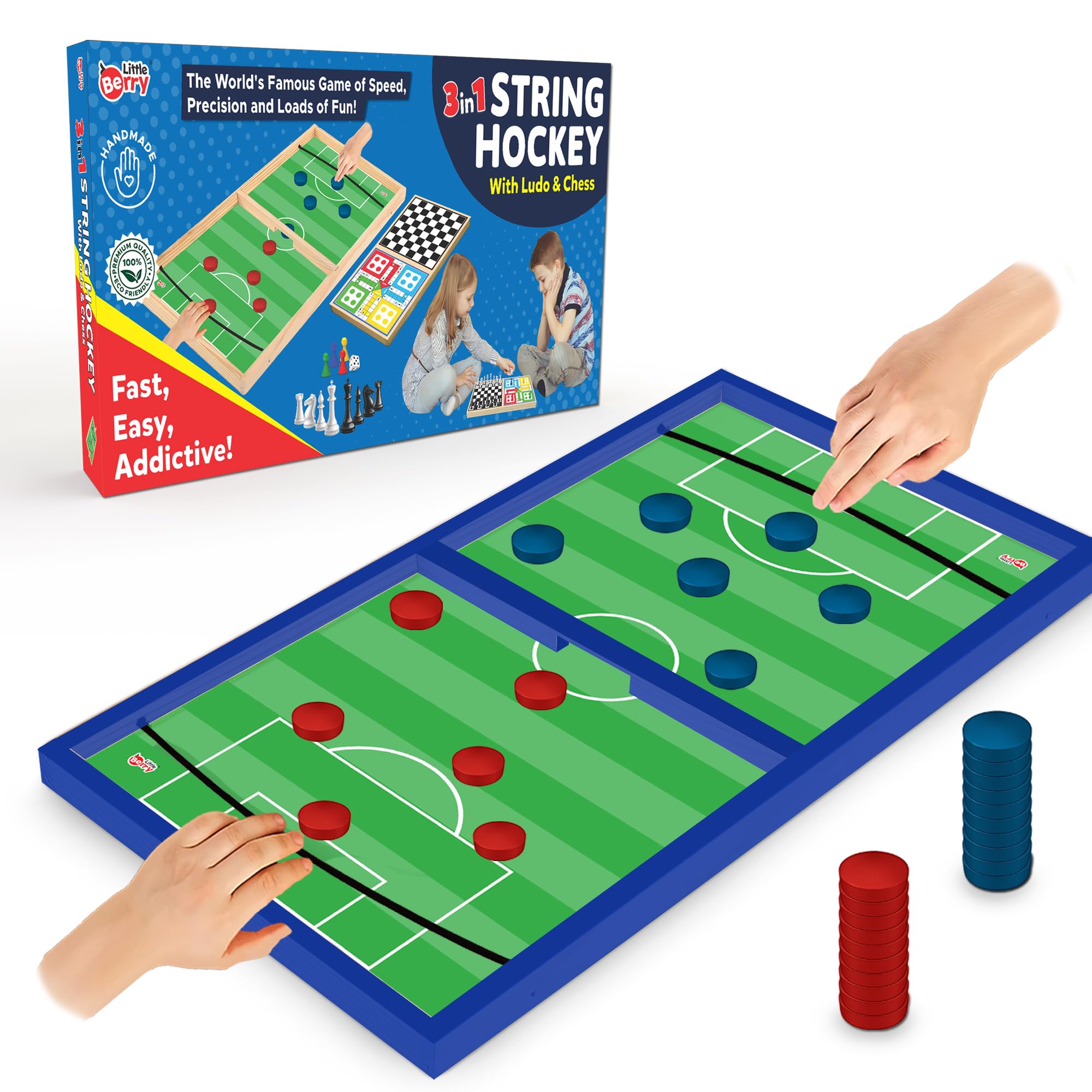 3 in 1 String Hockey Table Board Games for Adults & Kids | Double-Sided Wooden Fastest Finger First Indoor Game with Ludo & Chess | Sling Puck Board Hockey Toy Big Size (12" x 24")