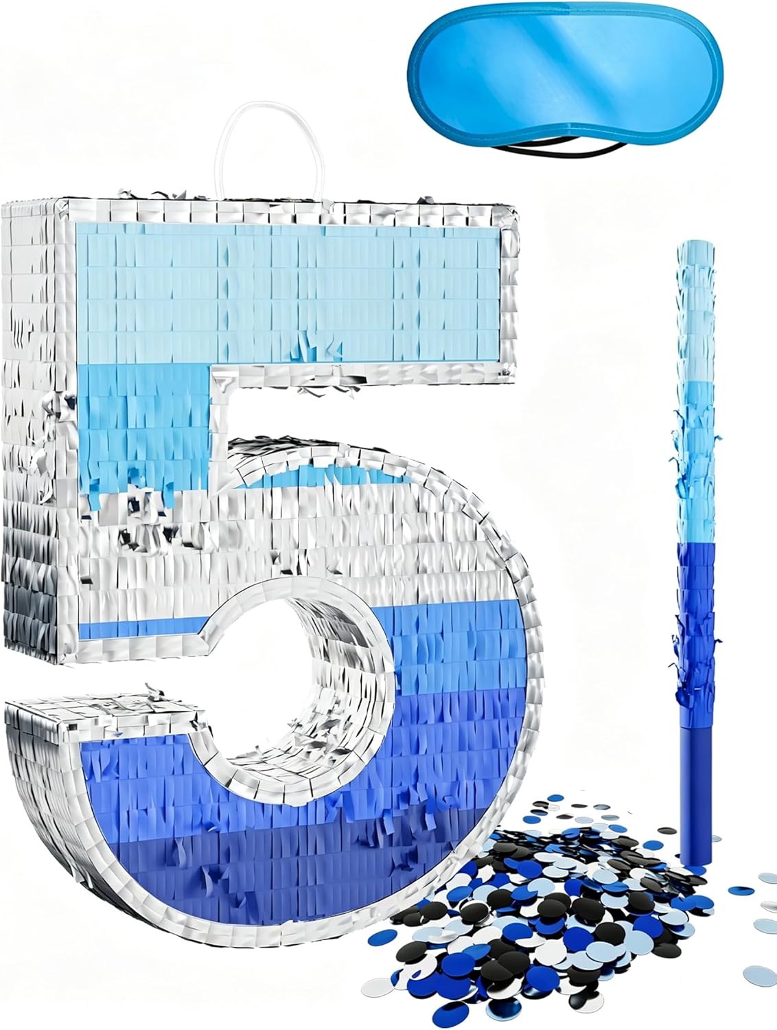 Number 5 Piñata with Stick, Blindfold & Confetti - Blue Piñata for Birthday Parties, Complete Party Game Set for Kids Boys- Gradient Blue Birthday Decor with Fillable Design(Small, 16.5 x 11.5 x 3 In)