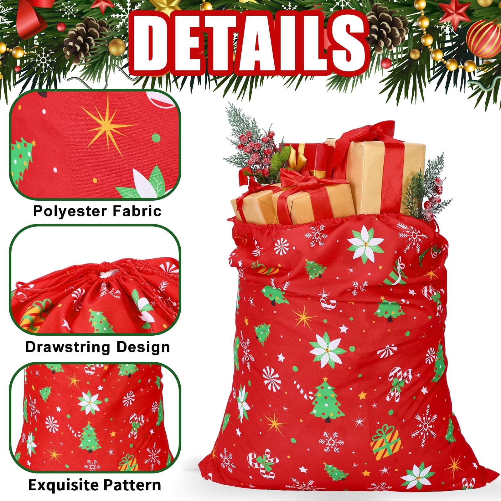 Hillban Extra großer Weihnachtsmann-Geschenksack mit Kordelzug, 91,4 x 68,6 cm, Weihnachtsmann-Tasche, Frohe Weihnachten, Geschenktasche für Spielzeug, Süßigkeiten, Leckereien, Aufbewahrung von