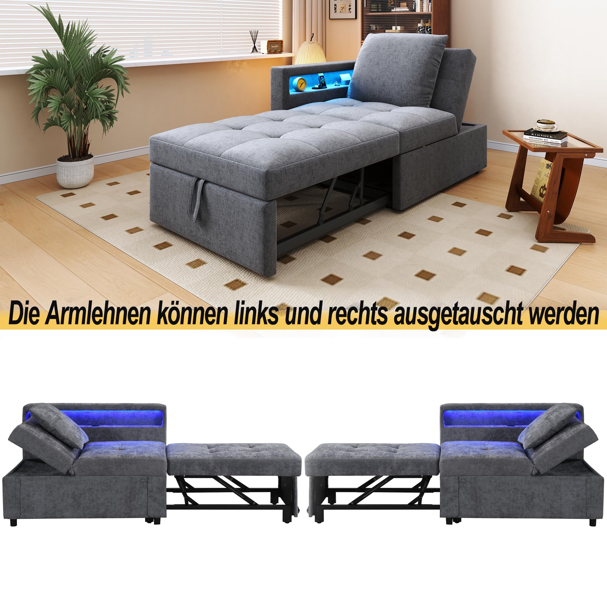 Merax 3-in-1 Schlafsofa mit LED-Armlehnen & USB/Typ-C-Anschlüssen, mit 5-Fach Verstellbarer Rückenlehne, umwandelbar zu Sofa, Lounge & Einzelbett, platzsparendes Gästebett, Leinenstoff, Hellgrau