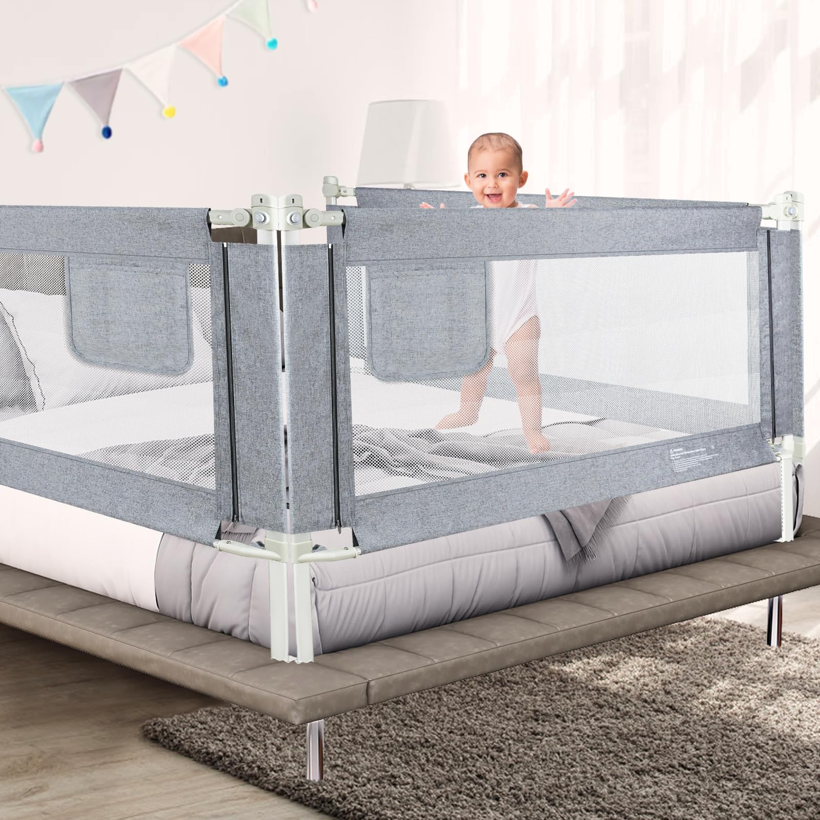 Kidsbuddy Rausfallschutz Bett, 150cm Bettgitter Rausfallschutz, Bettschutzgitter mit vertikaler Hebe, Einziehbare Kinderbettgitter Babybettgitter, mit Verstärktem Ankersicherheitssystem (1 Seite)