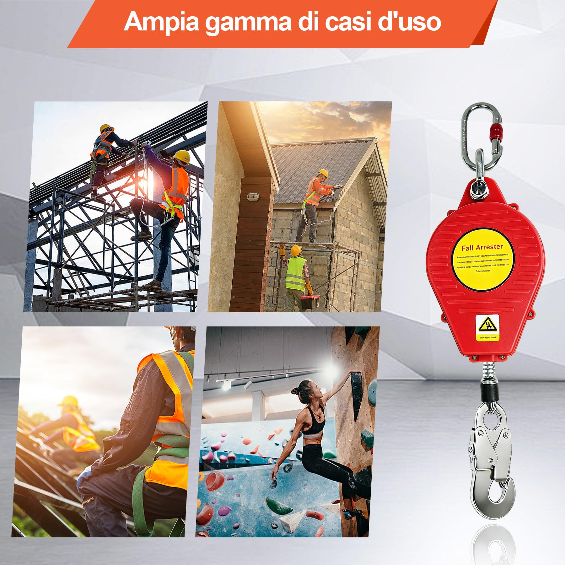 Dispositivo Anticaduta Retrattile Certificato 10m | Imbracatura di Sicurezza Anticaduta Tetto 200KG con Gancio Autobloccante, Dispositivo Sicurezza Anticaduta per Lavoro Aereo