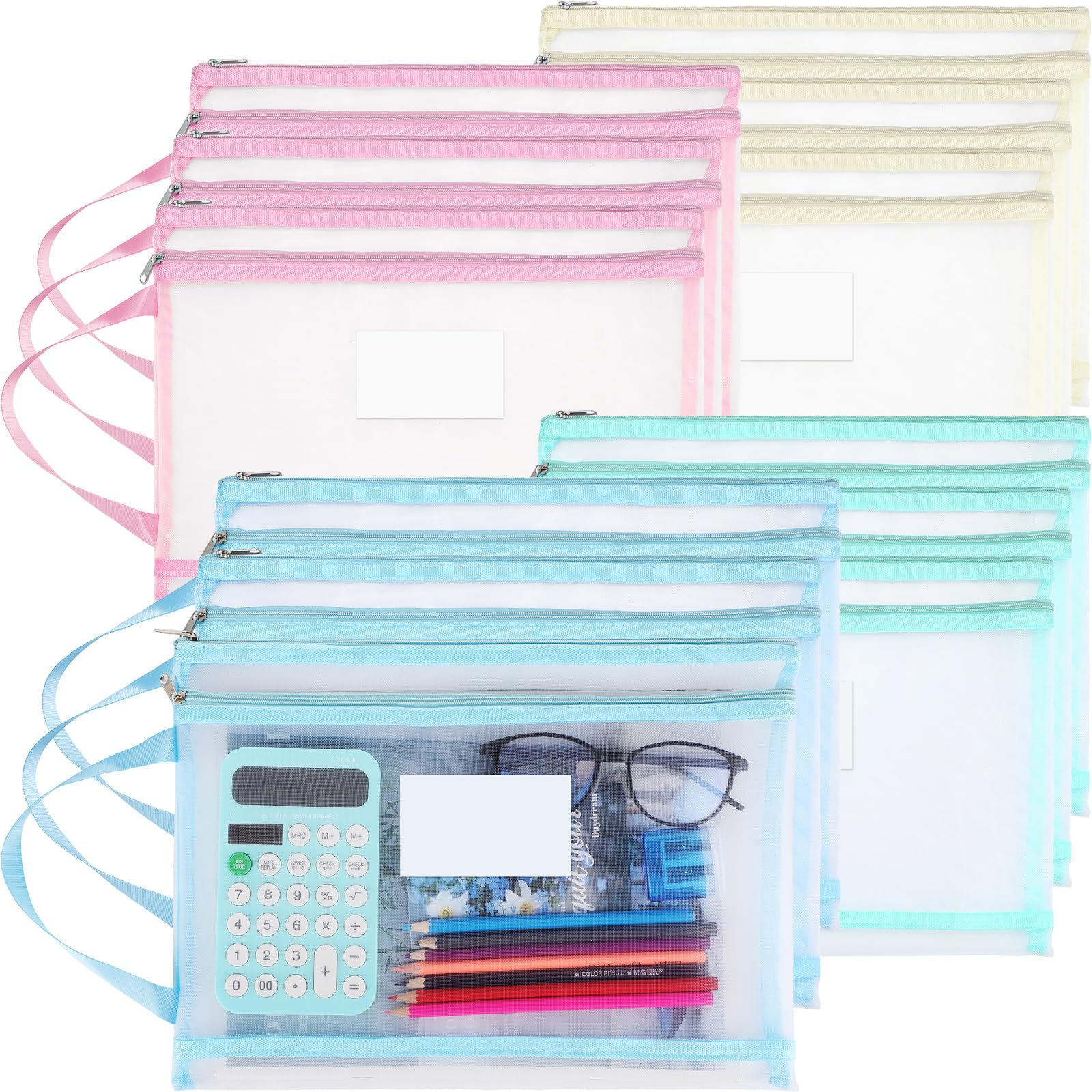 MotiMind 12 Pack Double Layer Mesh Zipper Pouch Bags 14.8 x 10.8 Inch Large Capacity Mesh Toy Storage Bags Colored Organizer Pouch with Handle for