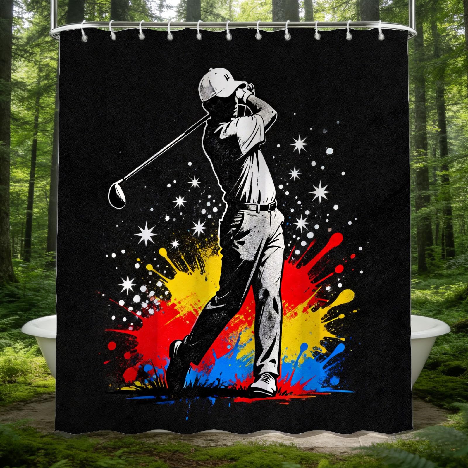 Hongduo White 3D Golfer Shower Curtain For Stalls Bathtubs Splash Ink Bathroom Decor Shower Curtain Set Polyester Fabric Waterproof 200X200cm/79X79 Inch With Hooks