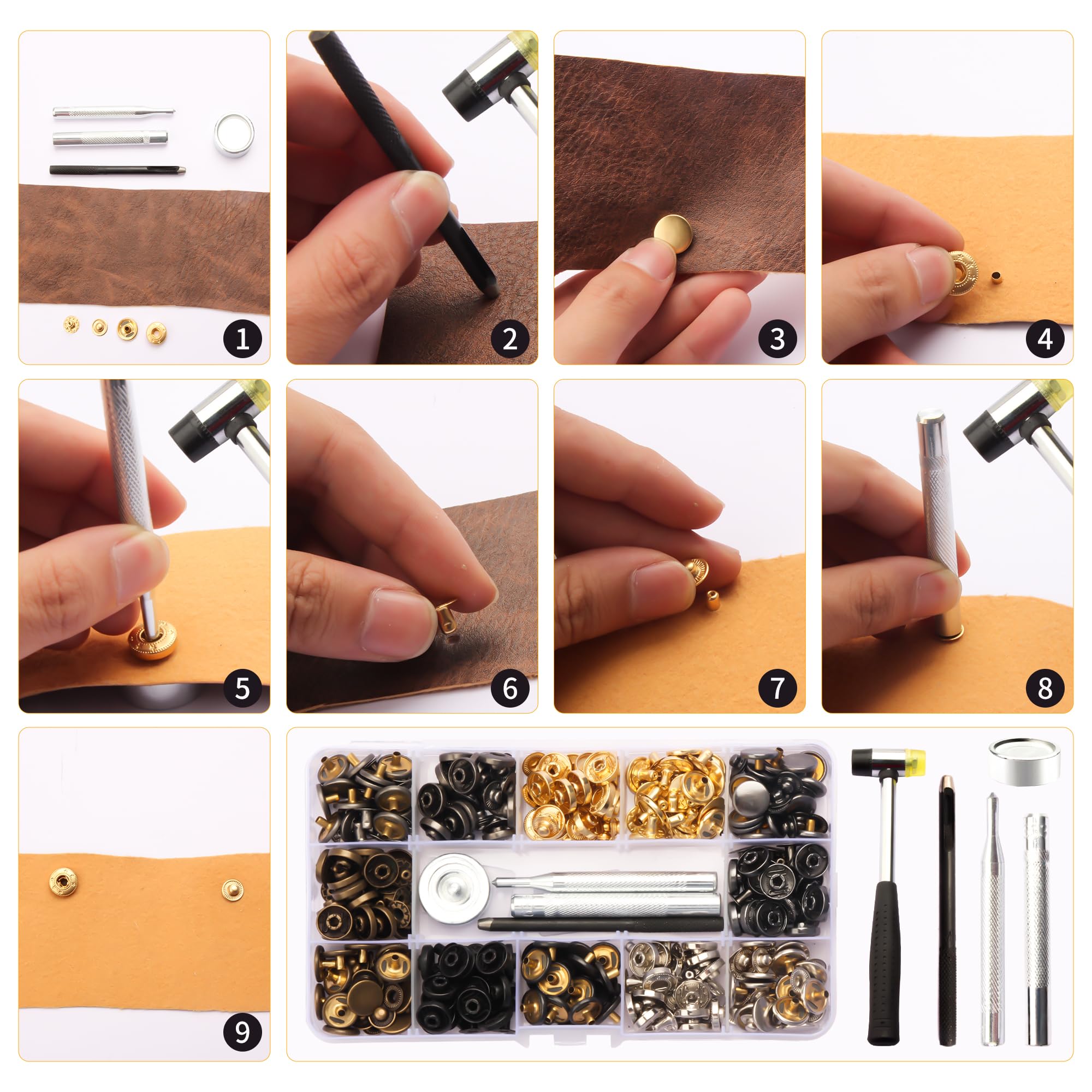 Lynda 120 juegos, kit de cierres a presión para cuero de 12 mm resistentes con 4 herramientas de ajuste. 1 martillo, broches de cuero de 4 colores para ropa, chaquetas.