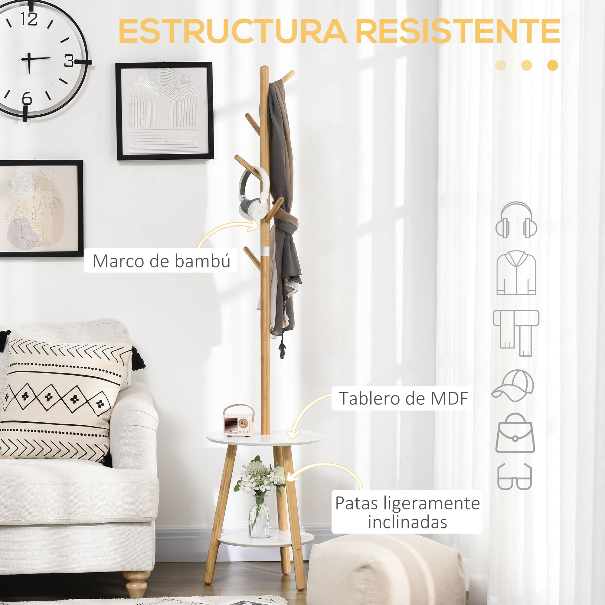 HOMCOM Perchero de Pie de Bambú 2 en 1 5 Ganchos 39,5x39,5x171 cm Natural