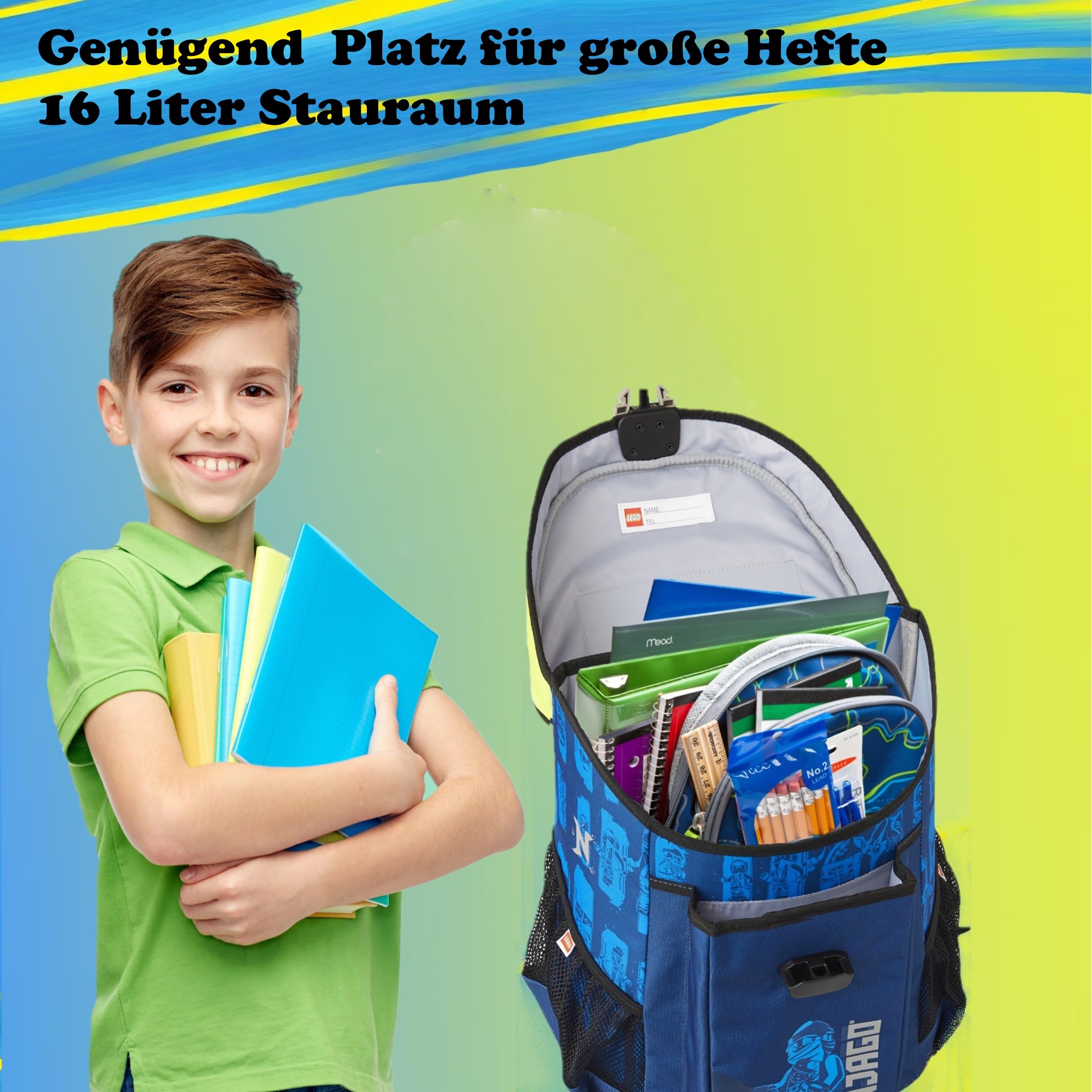 Familando - Schulranzen Set 9-teilig mit Sporttasche - Ninjago Blau - Ergonomisch, stabil & mit gepolstertem Rücken - 790g leicht mit 16L Volumen - wasserabweisend und mit Reflektoren - Ab 1. Klasse