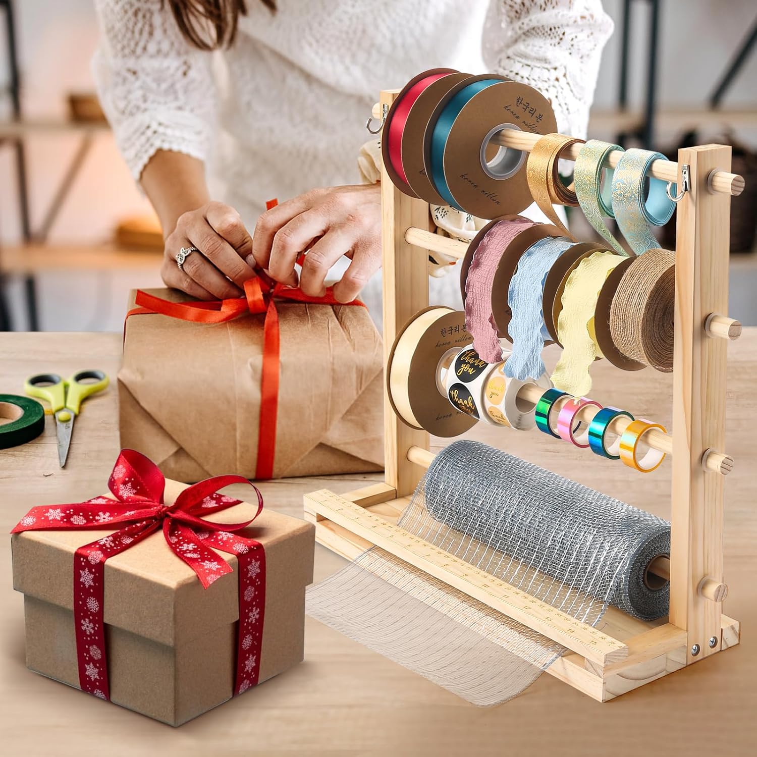 Ribbon Storage Organizer Rack - Wooden Ribbon Spool Holder for Craft Mesh Ribbon Wreath Bow Washi Tape Arts & Crafts Supplies, Ribbon Rack for Craft Room, Florist Arts Wrapping Craft Gift