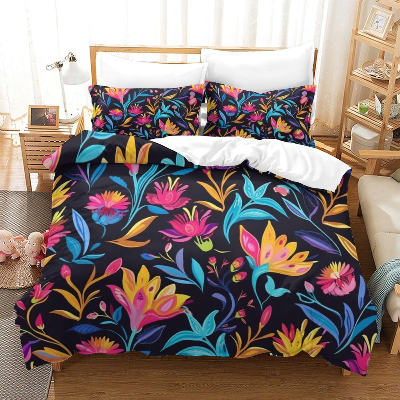 Housse de couette fleurs imprimé 3D parure de lit fille garçon ado microfibre super king 260x220