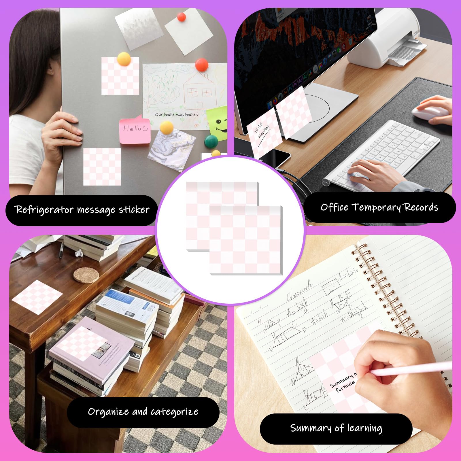 Haftnotizen, 7,6 x 7,6 cm, 2 Blöcke, niedlich, bunt, selbstklebende Notizblöcke, einfach zu versenden für Zuhause, Büro und Alltag, Organisation, niedliche rosa Karos
