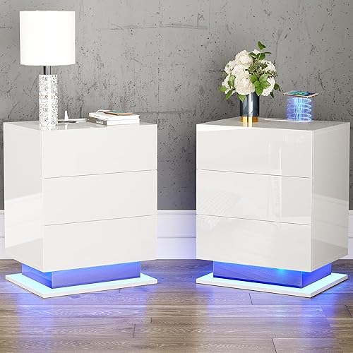 Juego de 2 mesitas de noche para dormitorio con luces LED y estación de carga inalámbrica, mesa auxiliar de 3 cajones para sala de estar con puertos