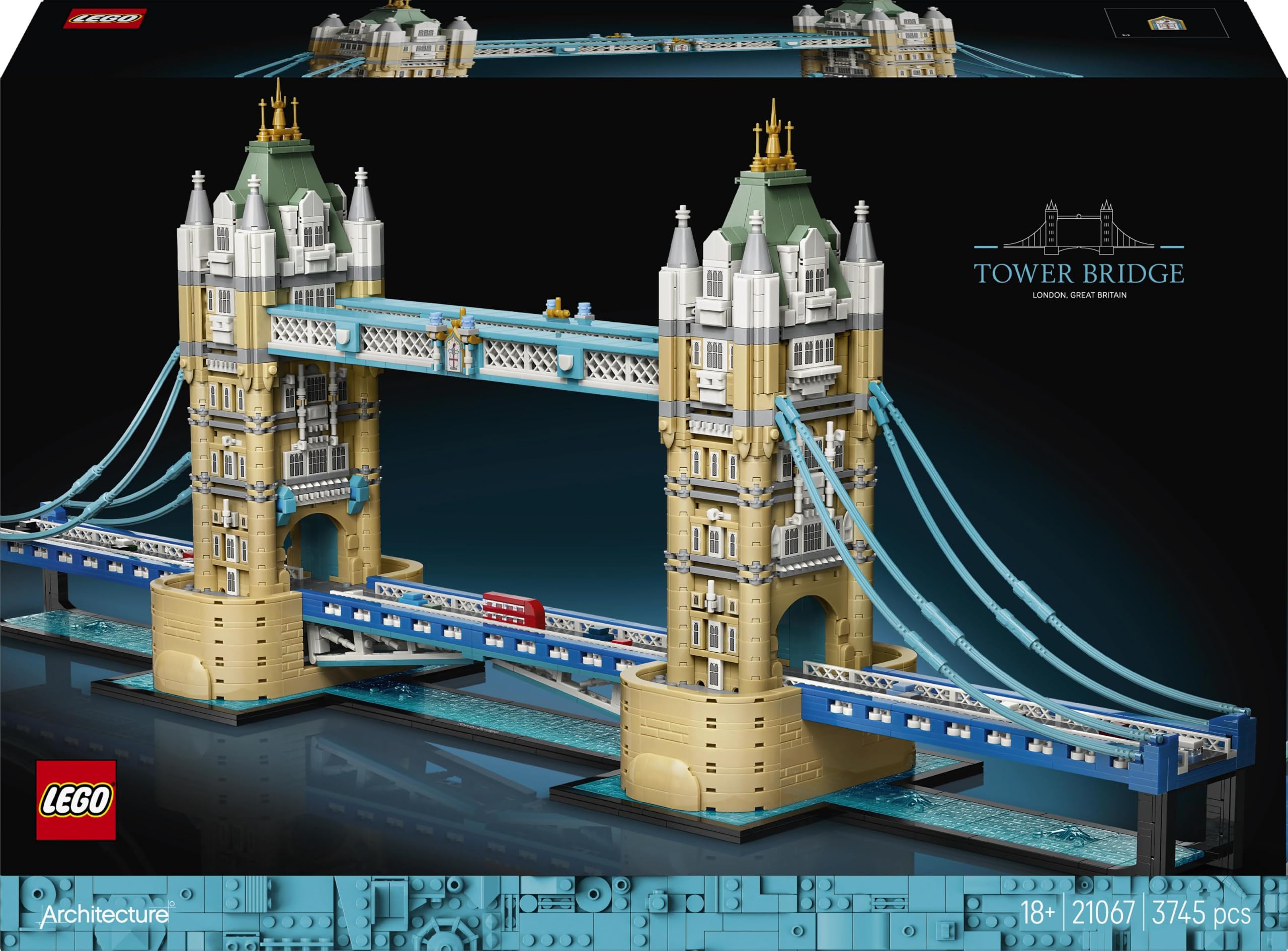 LEGO Architecture Tower Bridge - DIY Miniatur Modellbau für Erwachsene - 3D Regal Deko Set mit hochklappbaren Baskülen, Fluss Themse Sockel & London Doppeldeckerbus - Sammelbares Geschenk - 21067