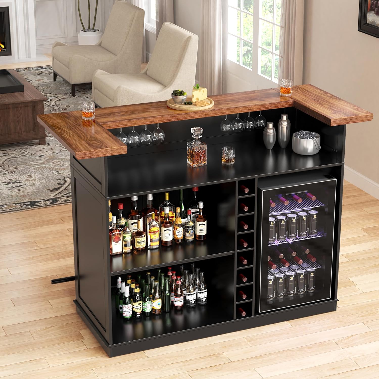 GDLF Home Bar Unit with Fridge Space, U-Shape Liquor Wine Cabinet, 63.1" Mini Bar Table with Storage for Basement or Living Room
