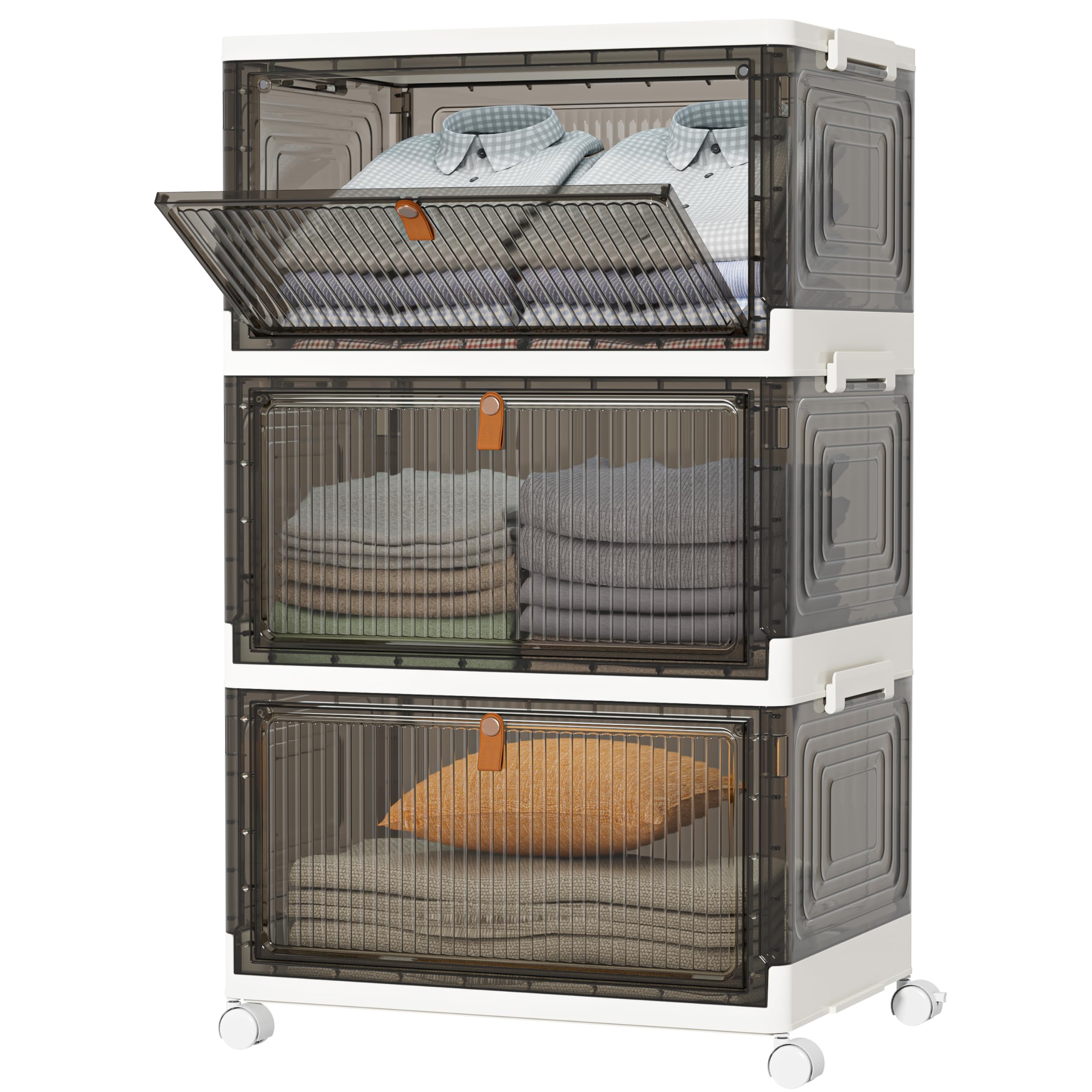 HOMIDEC Wardrobe Storage Organiser,3 Tier Stackable Clothes Storage Boxes with Wheels,Folding Drawers for Clothes,Cupboard Organiser for Bedroom Wardrobe Bathroom Kitchen,Smoke Grey 22L*3 Pack — image 1