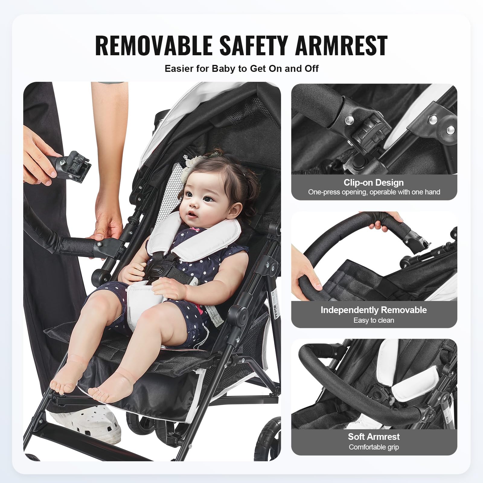 VEVOR Poussette légère pour bébé, poussette pour tout-petit compacte avec dossier inclinable multipositions, cadre en acier au carbone, grand panier de rangement, pour nouveau-né, voyage, noir blanc