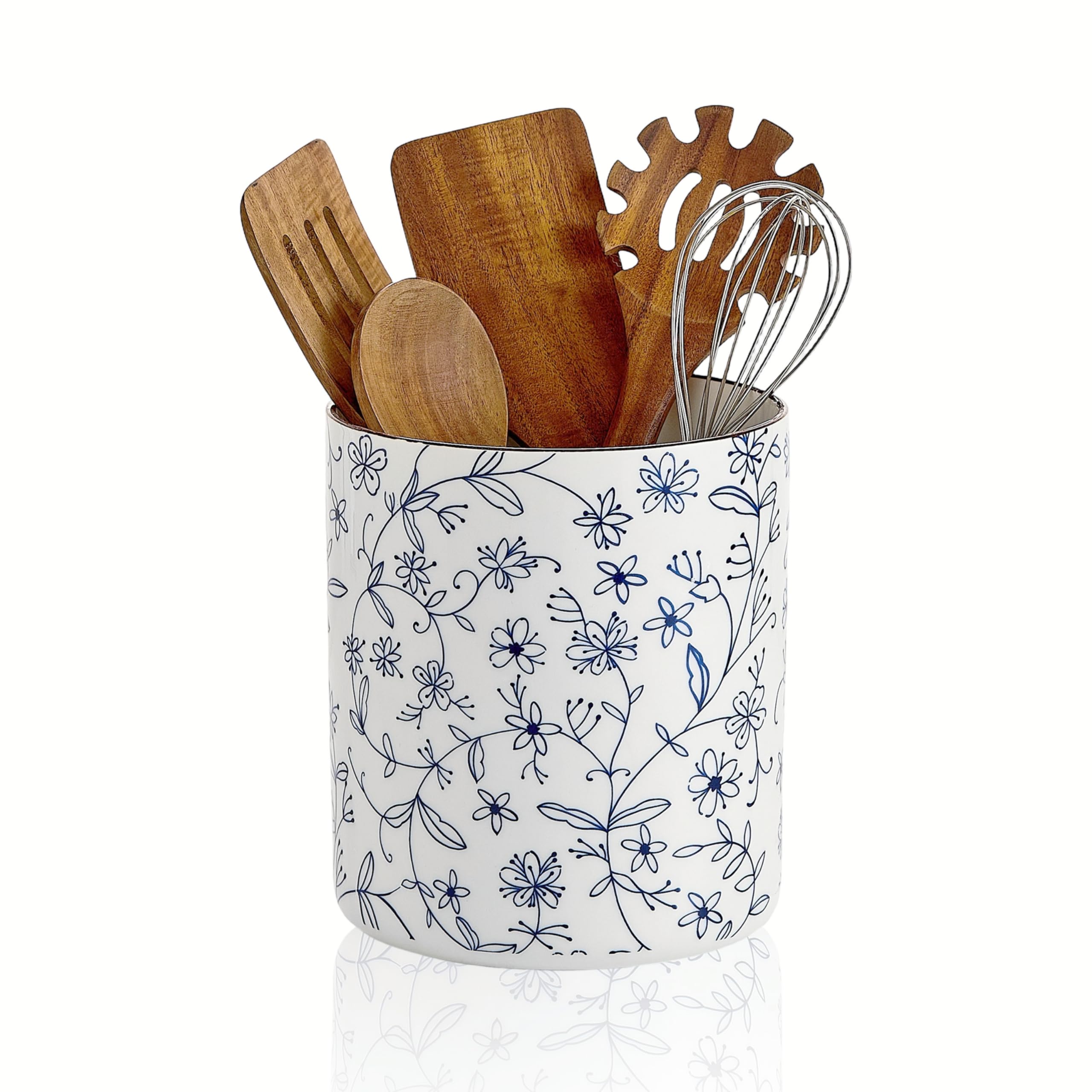 Swuut 7.2'' Kitchen Utensil Holder–Ceramic Counter Decor With Cork Mat,Organizers and Storage For Spoon,Silverware,Cooking Tools, Flowers, or Wine Chiller (Blue and White)