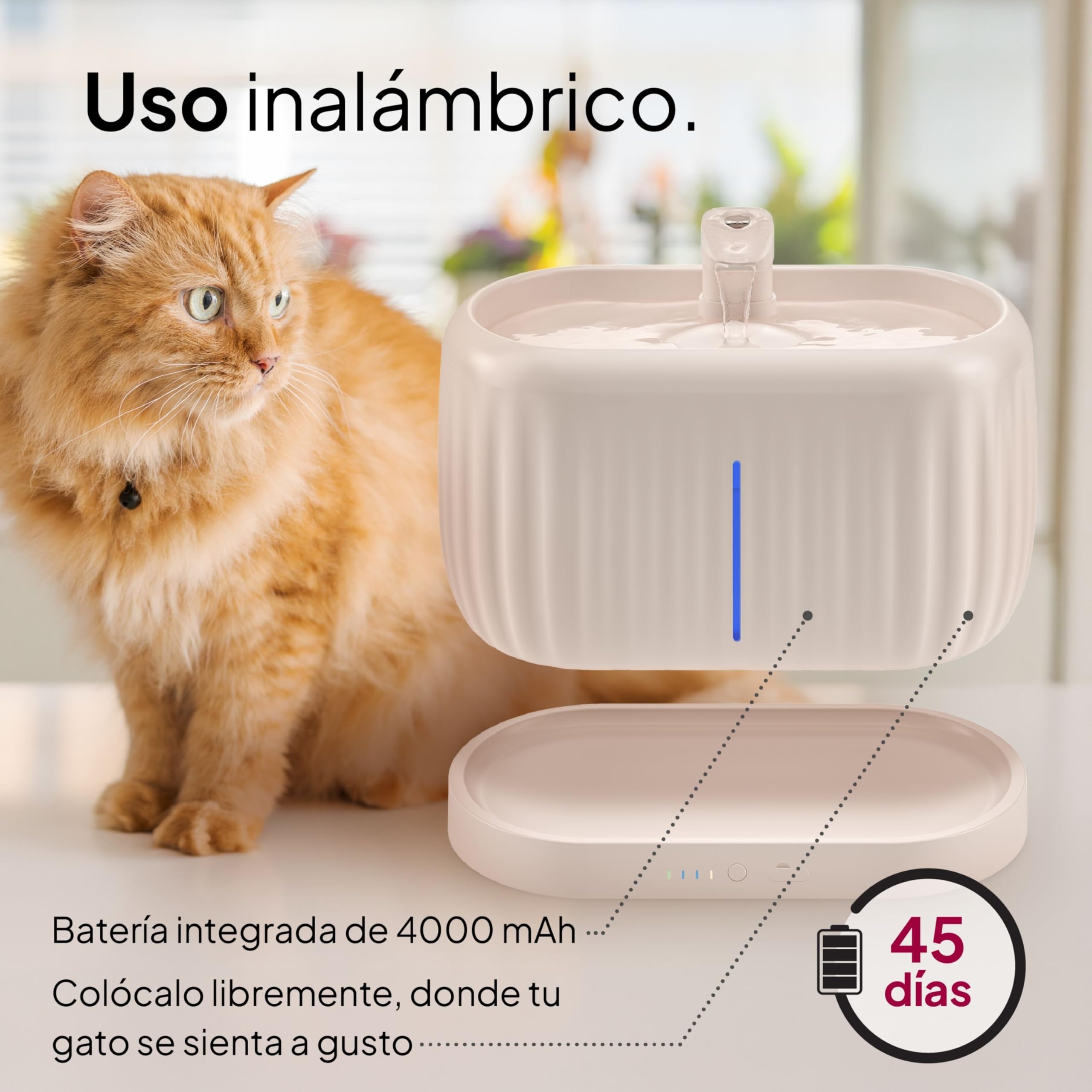 Pretty Paw Fuente de Agua para Gatos Inalámbrica 3L con Sensor de Movimiento - Batería Recargable USB, Bomba Silenciosa, Filtro Integrado - Pure Flow MAX (Beige)