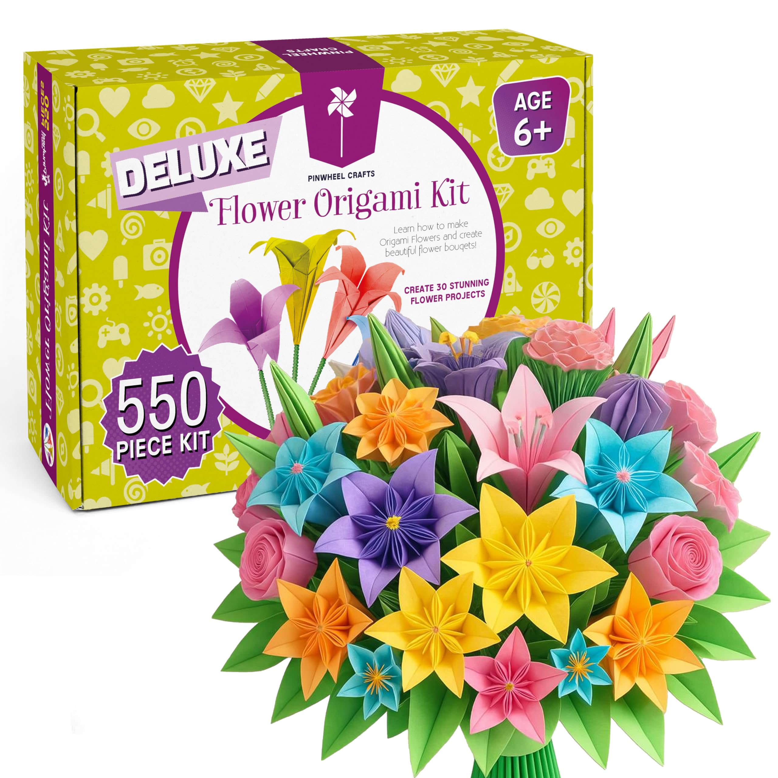Pinwheel Crafts Flower Origami Kit for Kids Ages 8-12, 550 Pcs