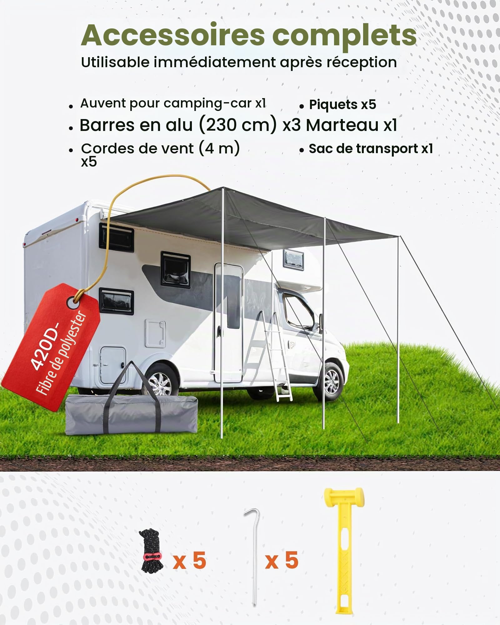 Voile d'ombrage pour caravane - 300 x 240 cm - Auvent pour camping-car avec 2 passepoil et 3 barres en aluminium - Protection contre l'eau de 5000 ml et protection solaire UV 50+