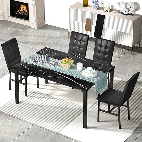 Miniatura 5 de Hooseng Juego de mesa de cocina de 5 piezas, juego de mesa de comedor de mármol, 4 sillas, juego de mesa de comedor para cocina, sala de estar,