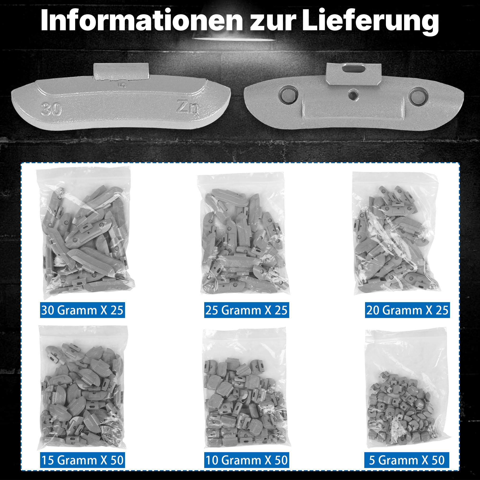 Richeer Lot de 225 masses d'équilibrage (50 de 5 g, 10 g, 15 g et 25 de 20 g, 25 g, 30 g) - Assortiment de poids en zinc pour jantes en acier