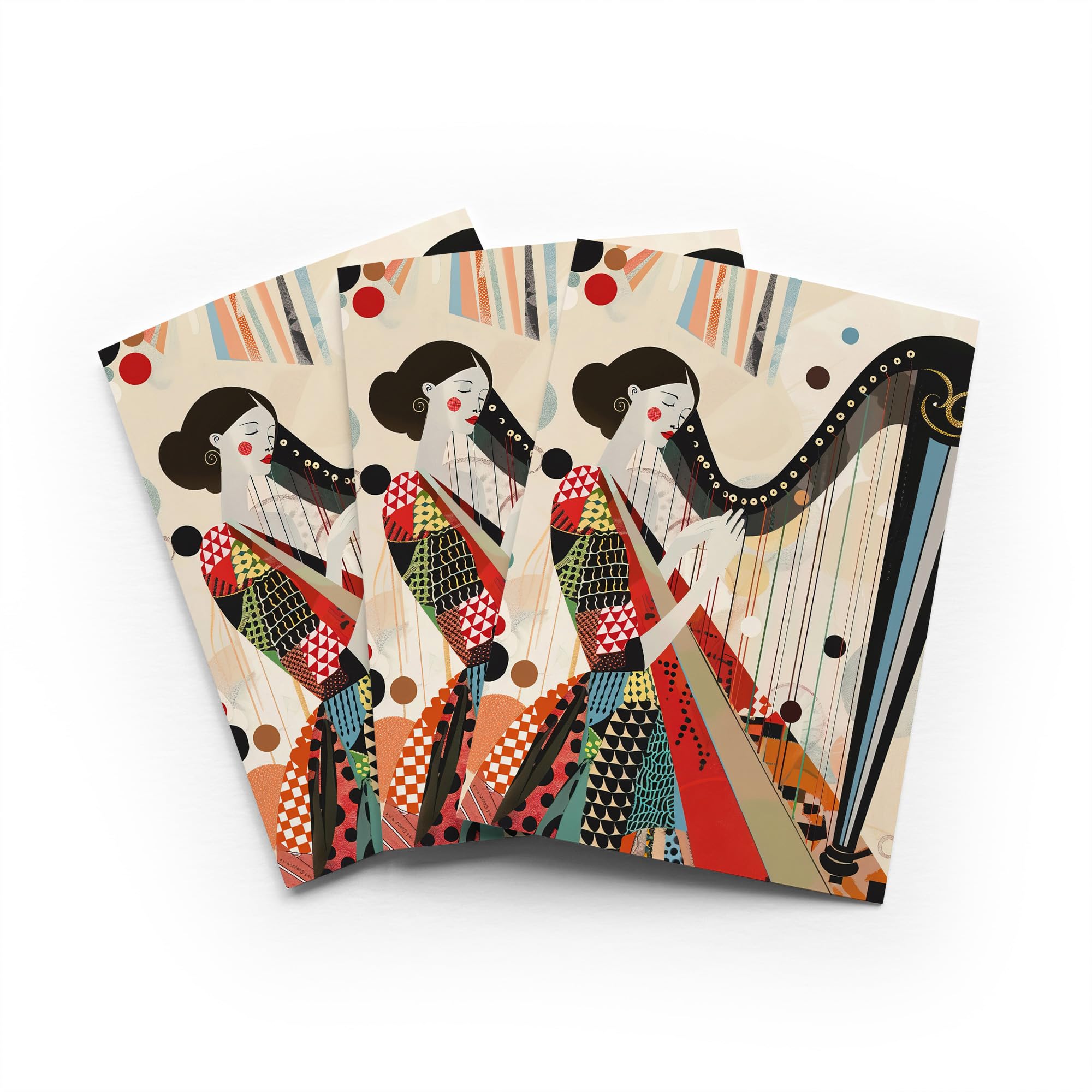 Colourful Harpist Greeting Card Geometric Music Any Occasion Set of 3 Blank Inside 5x7 Inch 13x18 cm