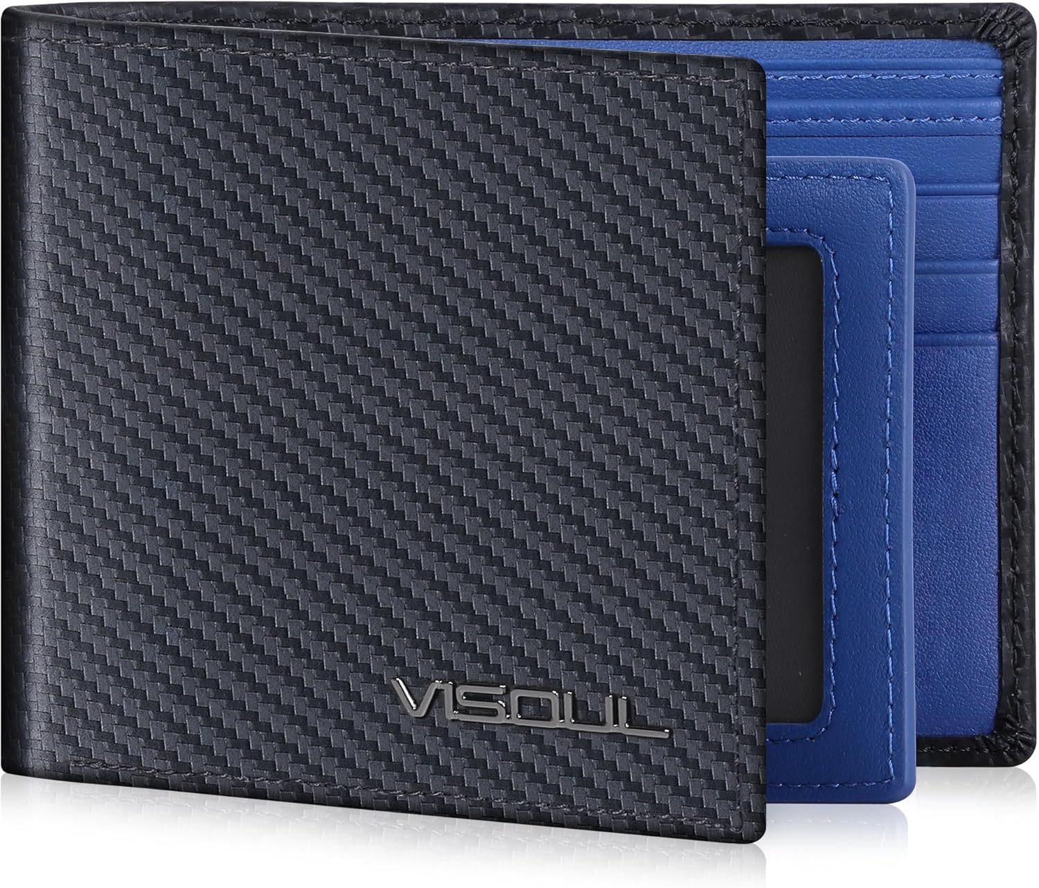 VISOUL Leather Mens Bifold RFID Blocking Wallet with 2 ID Windows, Leather Wallet for Men (Carbon Fiber, Black+Blue)