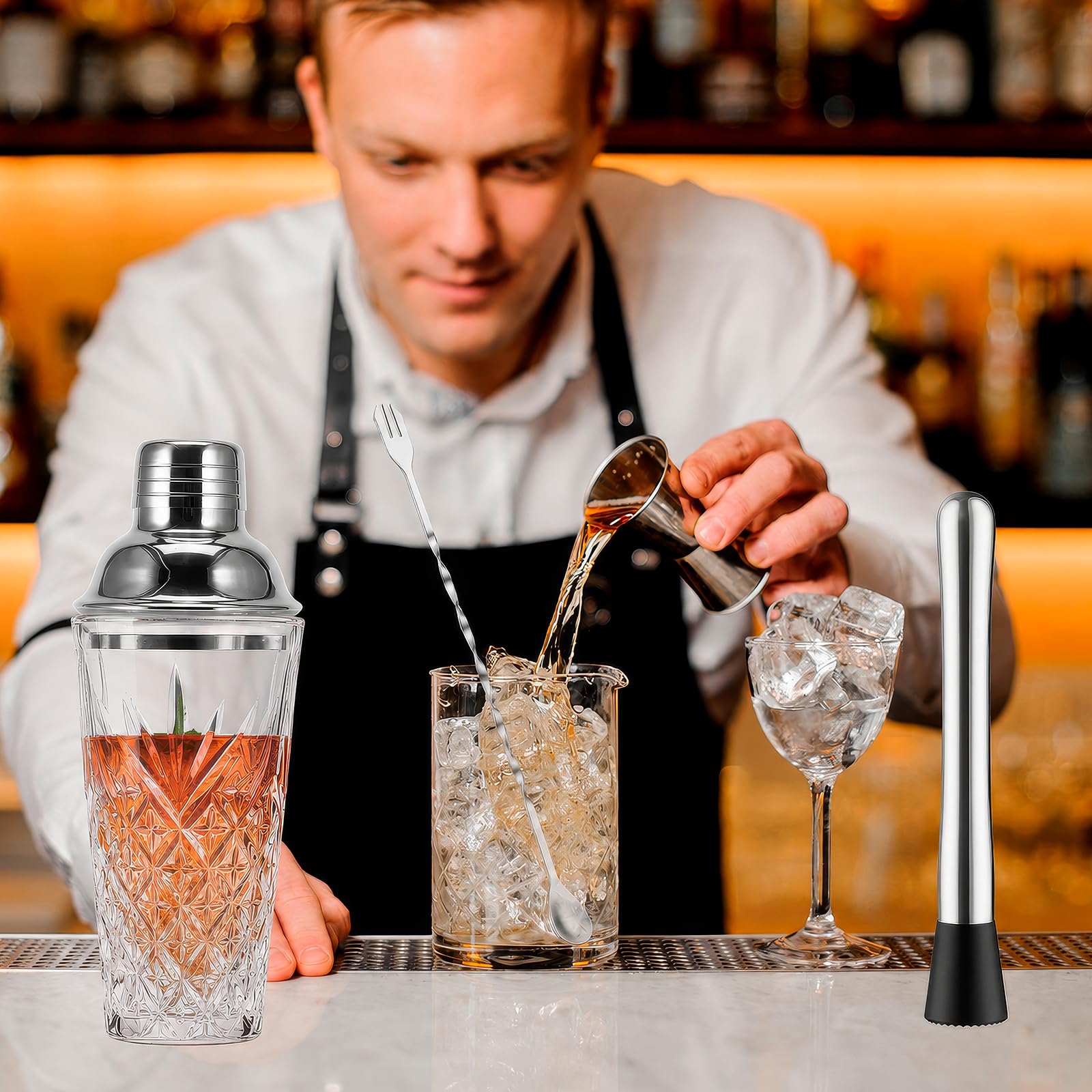 OUZHOU Shaker per cocktail, set da 4 pezzi, shaker da cocktail in vetro con coperchio in acciaio inox, a prova di perdite, shaker per coktail, set con misurino per vino, bastoncini di miscelazione per
