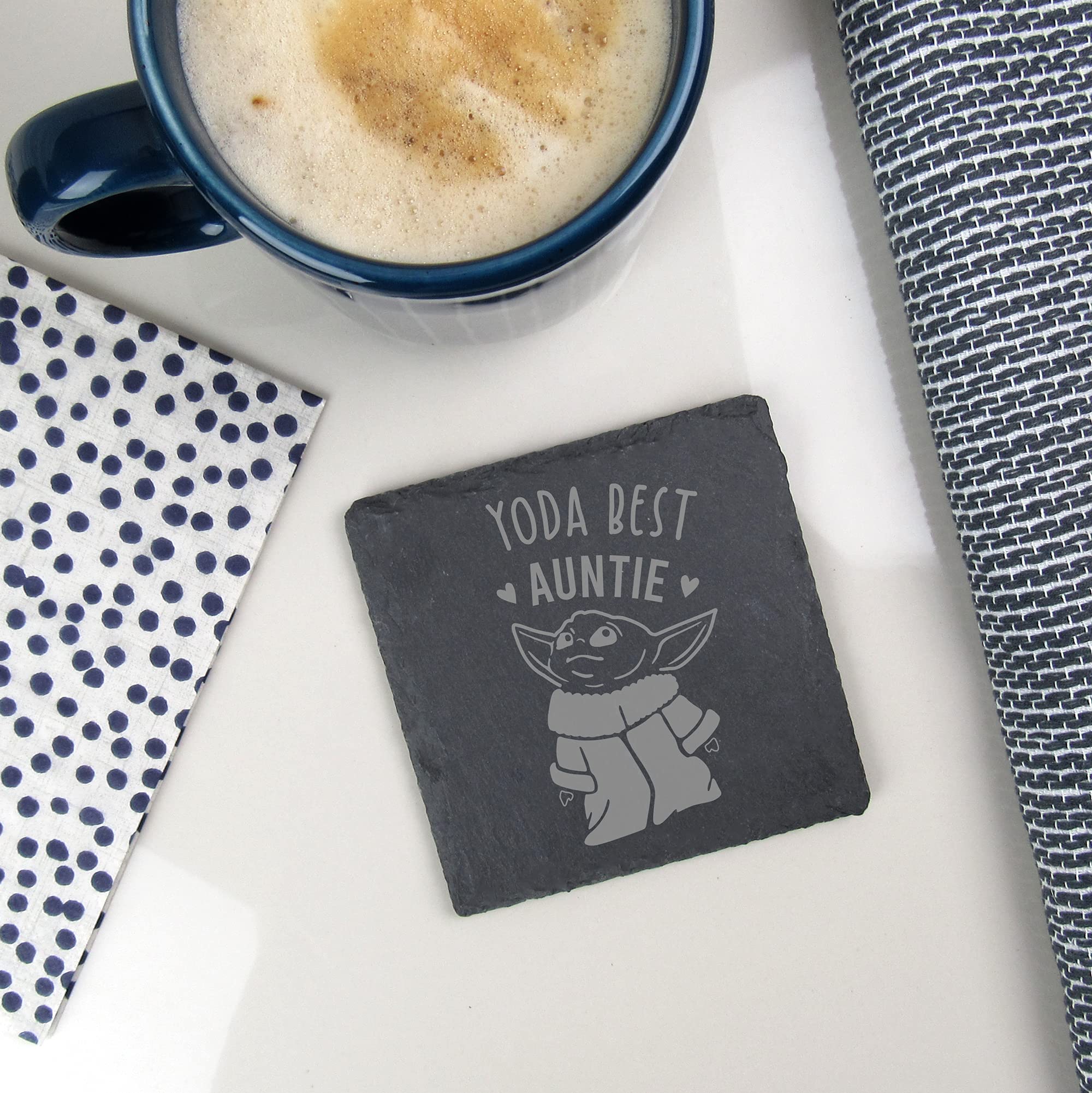 eBuyGB Personalised Square Slate Coaster, Engraved Baby Yoda Coaster, Star Wars Themed Drinks Mat, Funny Gifts for Aunt, Aunty (Yoda Best Auntie)