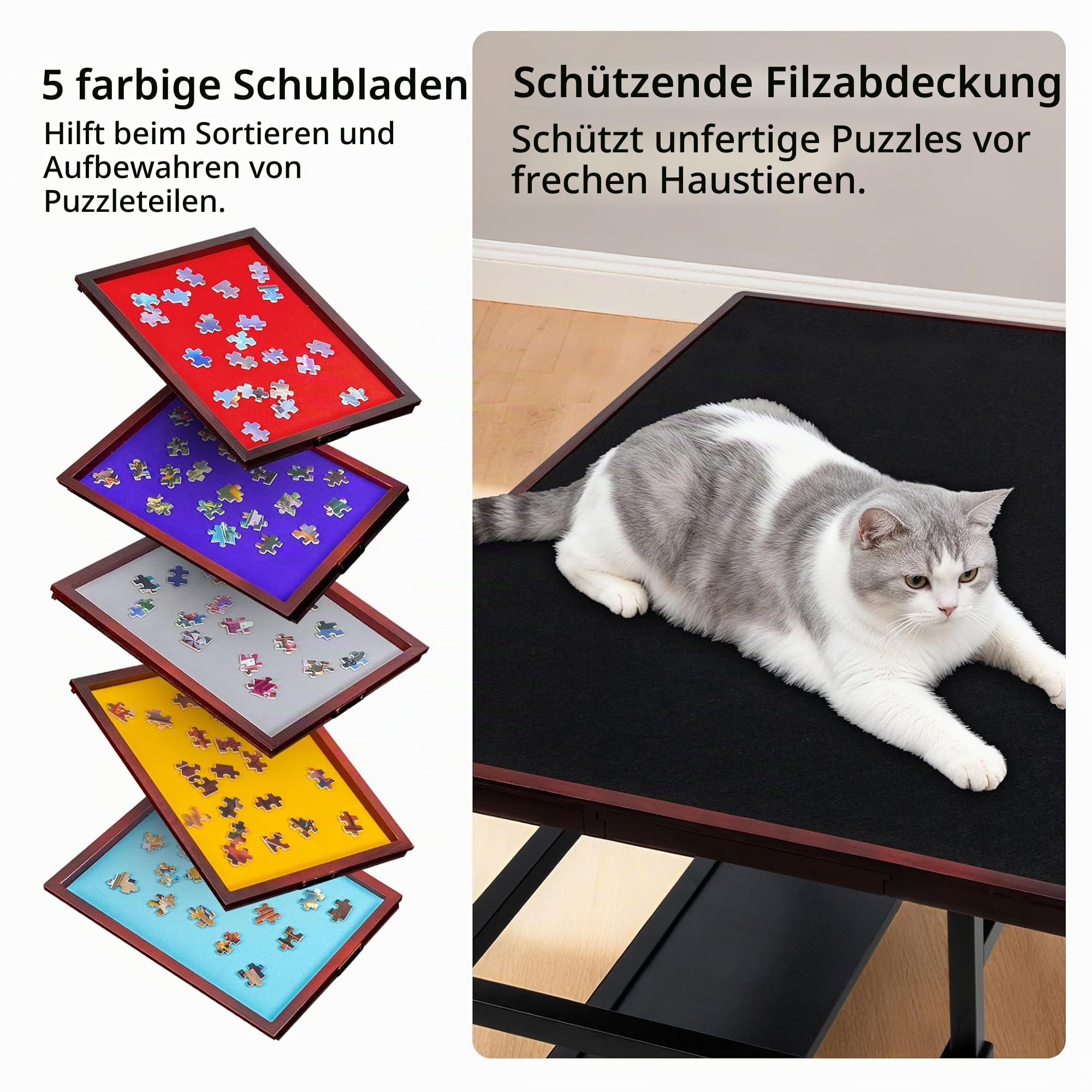 Tektalk Lavievert Kipp-Puzzletisch mit 5 bunten Schubladen und Abdeckung, Winkel- und höhenverstellbares Brett mit Ablage, tragbarer Puzzletisch aus Holz mit Beinen für Puzzle mit bis zu 1500 Teilen